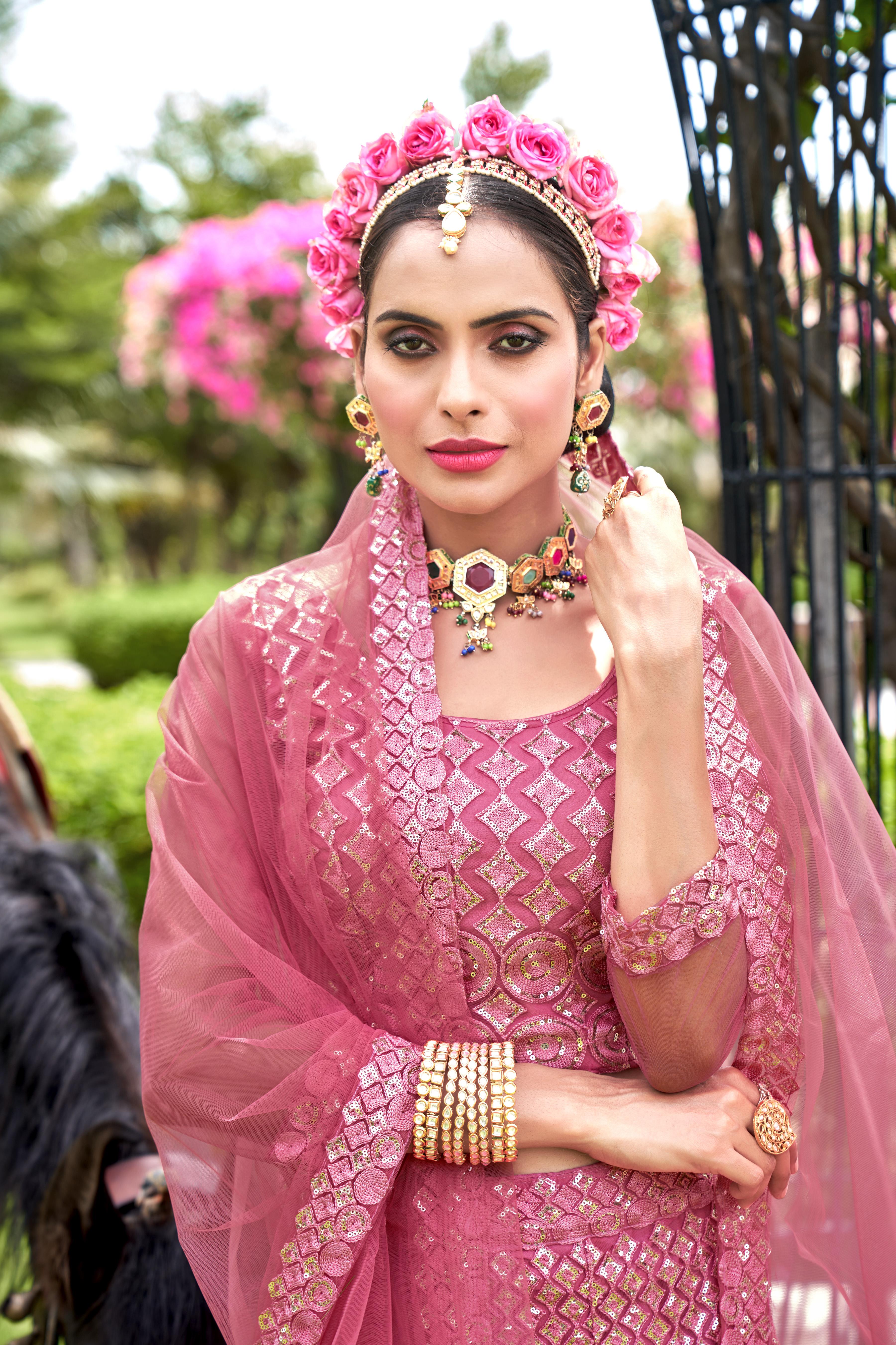 Pink Net Lehenga Choli – Stylish Traditional Outfit for Weddings & Celebrations Semi-Stitched