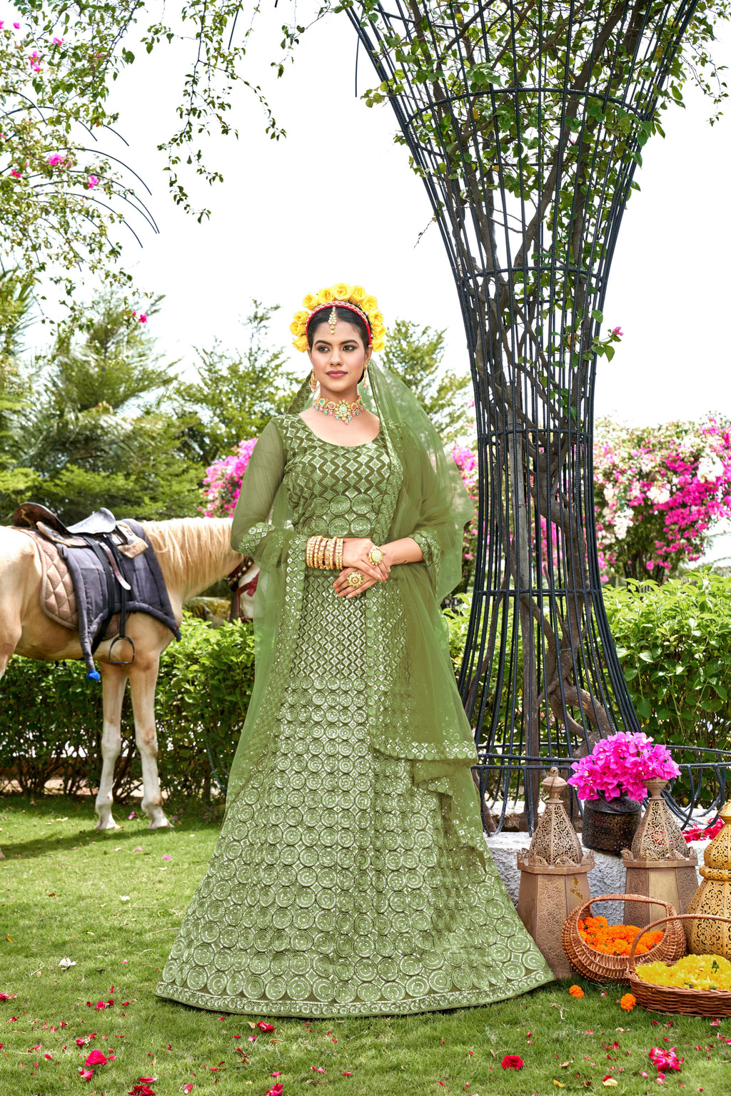 Pista Net Lehenga Choli – Stylish Traditional Outfit for Weddings & Celebrations Semi-Stitched