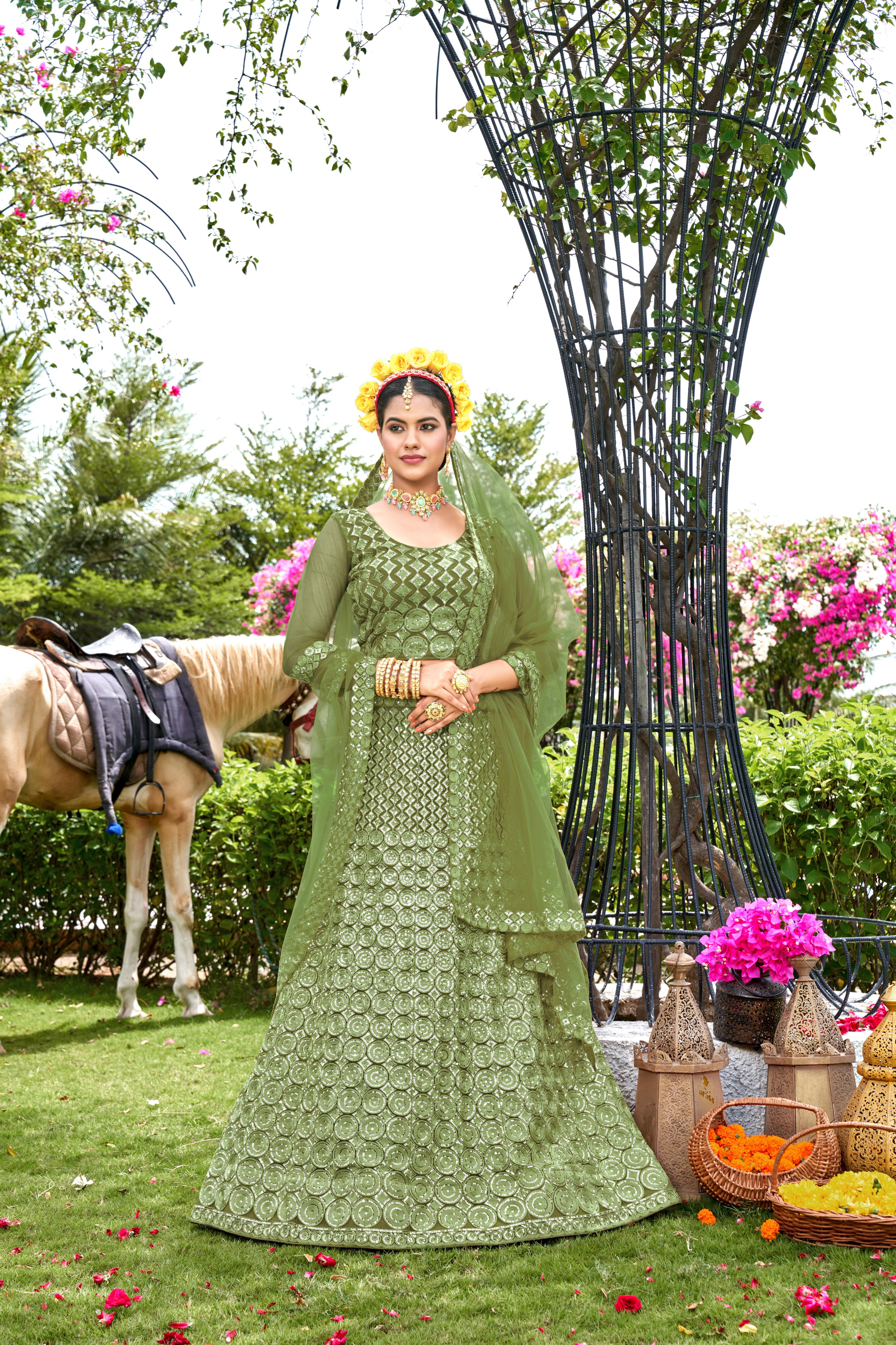 Pista Net Lehenga Choli – Stylish Traditional Outfit for Weddings & Celebrations Semi-Stitched