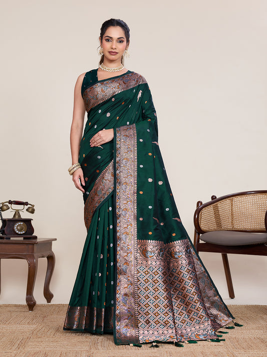 Elegant Bottle Green Pure Jacquard Designer Zari Work Saree Featuring With Traditional Woven Border  With Unstiched Blouse Piece