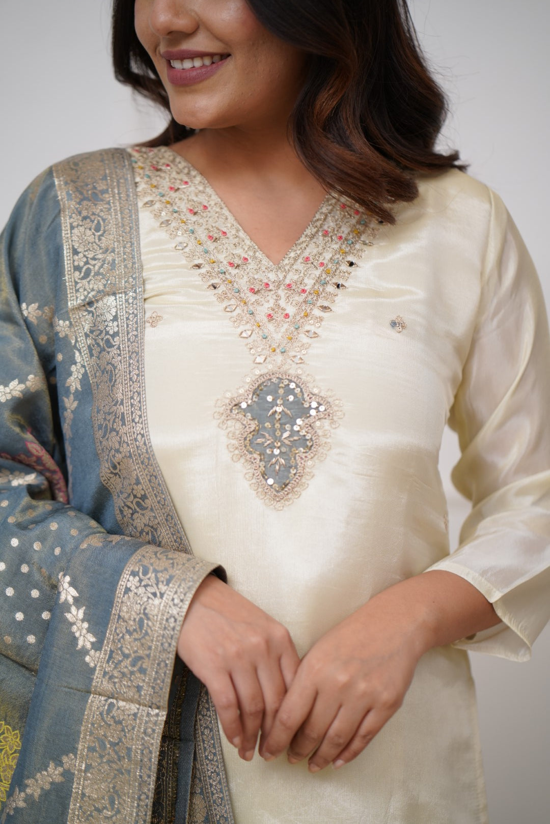 Women’s Off White Designer Chanderi Silk Kurta Set with Fine Embroidery