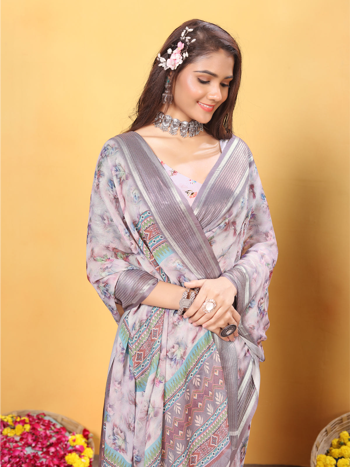 Silk Saree for Women – Elegant Grey Traditional Ethnic Wear