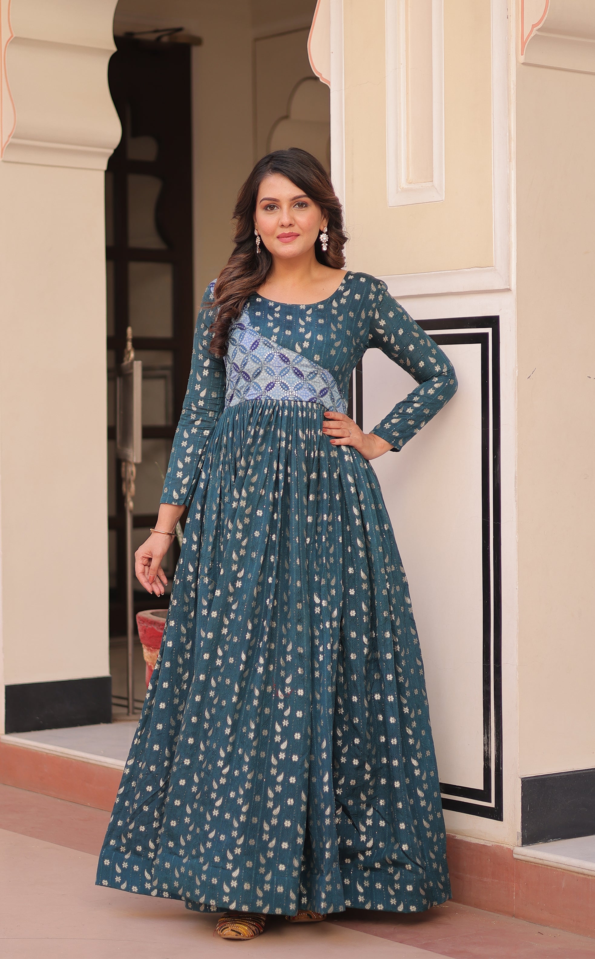Staple Jacquard Weaving Teal Gown with Position Print Choli | Round Neck | Full Stitched