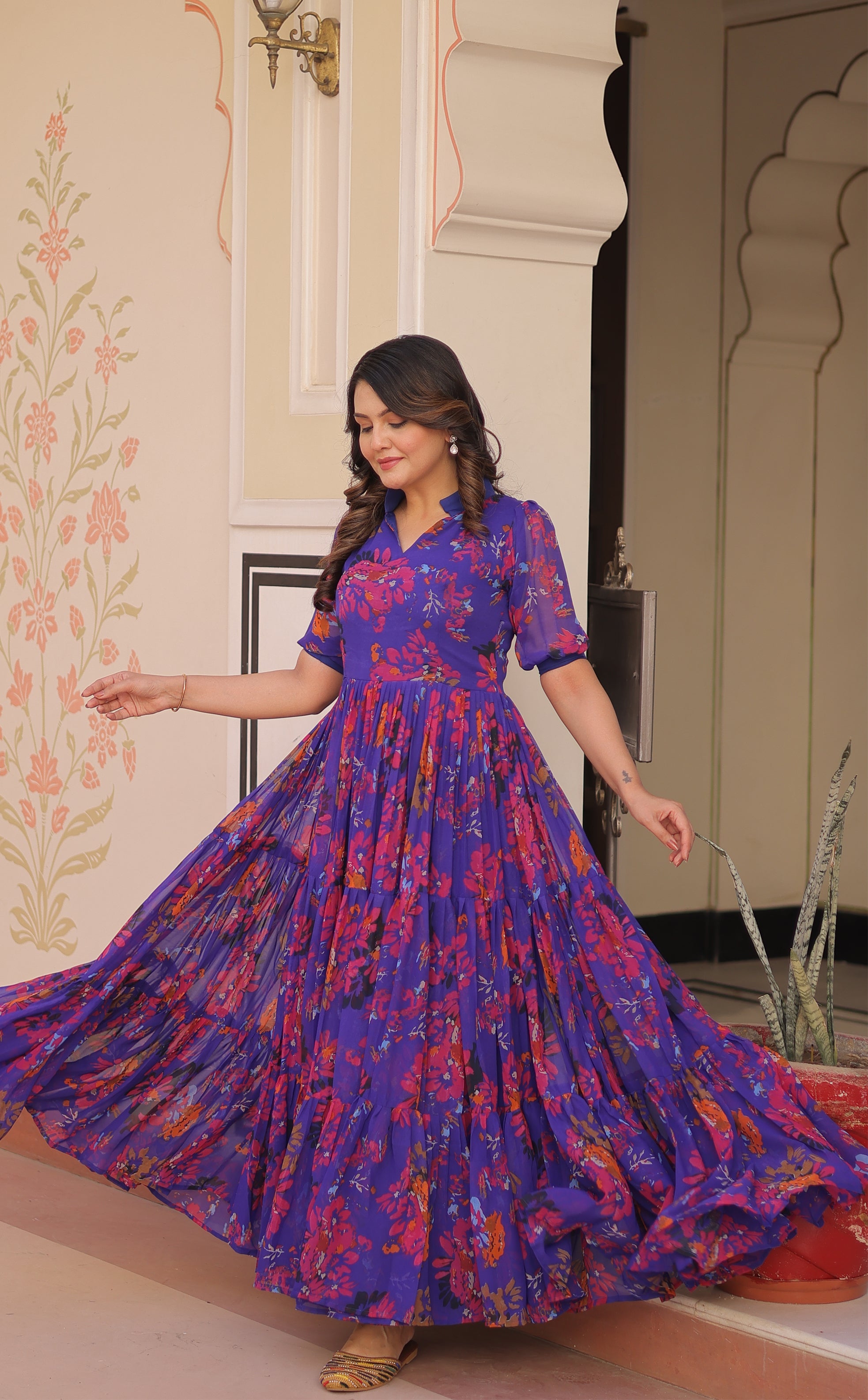 Faux Georgette Printed Gown in Blue | 12 Mtr Flair | Fancy V-Neck Collar | Half Sleeves | Full Stitched