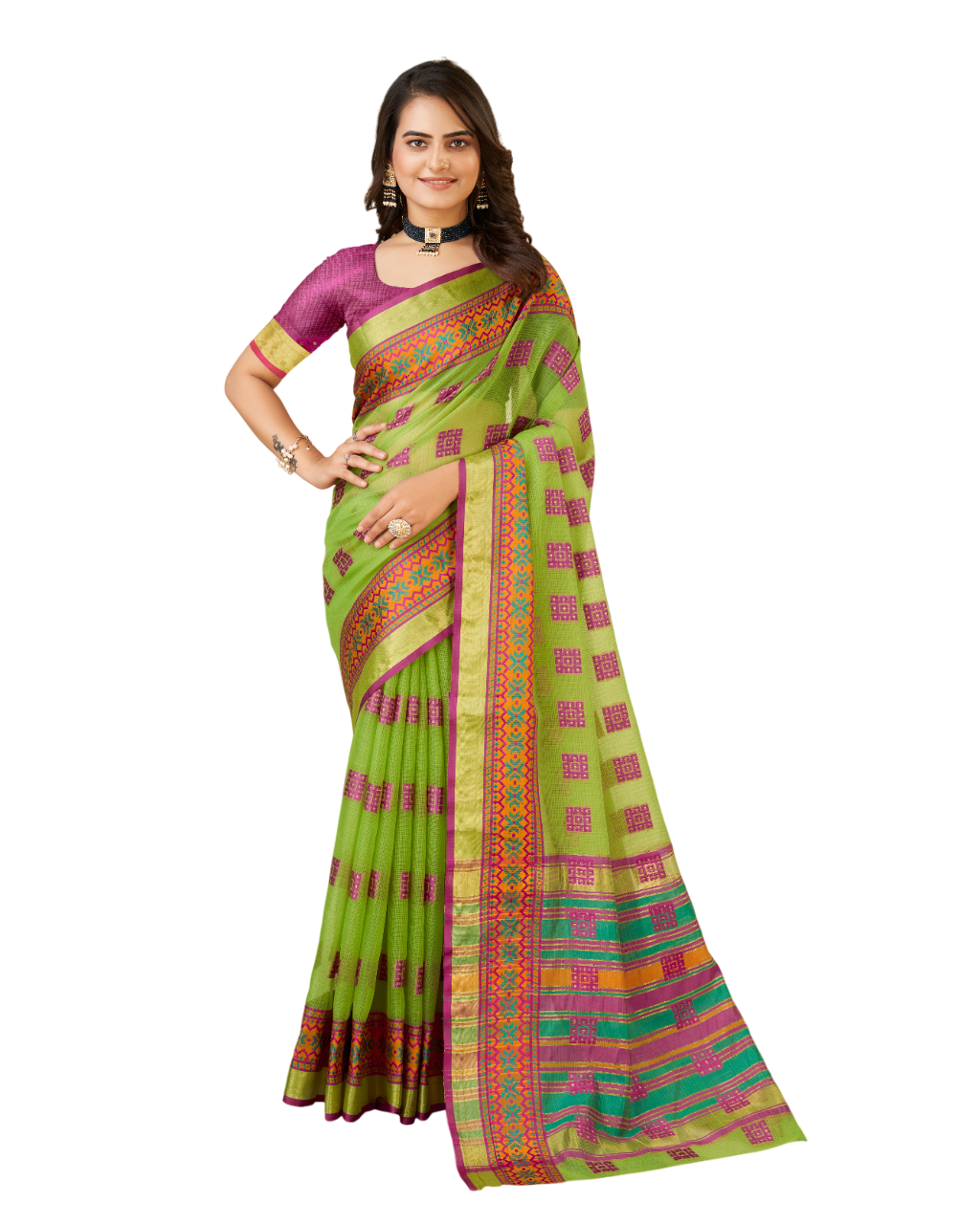 Banarasi Elegance in Breathable Semi Cotton Green Saree –For All Wedding Celebrations