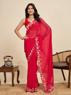 Red Georgette Soft Saree with Floral Brush Print & Intricate Border – Elegant Pastel Saree for Festive & Daily Wear
