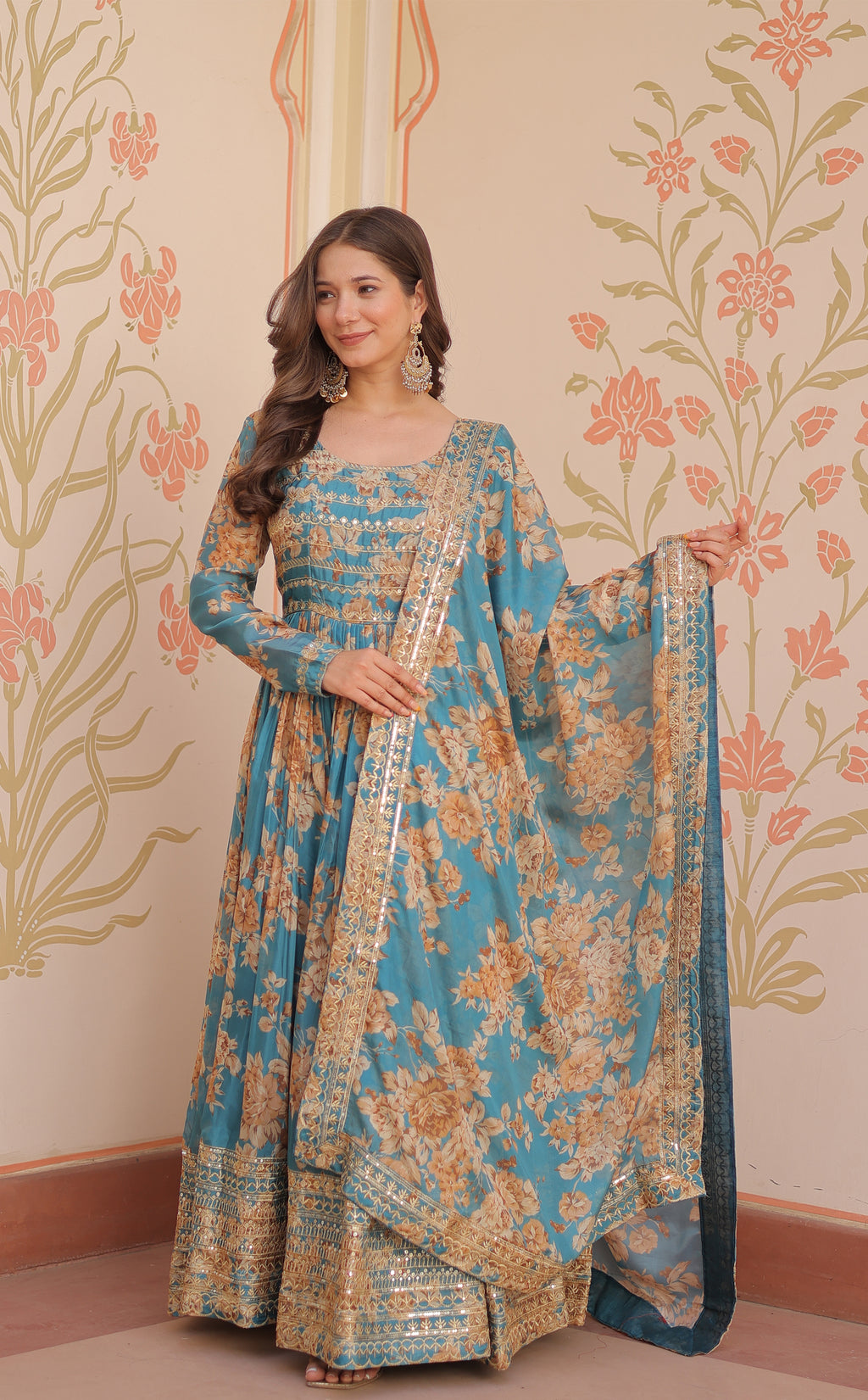 Russian Silk Rama Gown with Digital Print & Sequins Embroidery + Matching Dupatta | Round Neck | Full Stitched