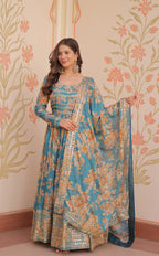 Russian Silk Rama Gown with Digital Print & Sequins Embroidery + Matching Dupatta | Round Neck | Full Stitched