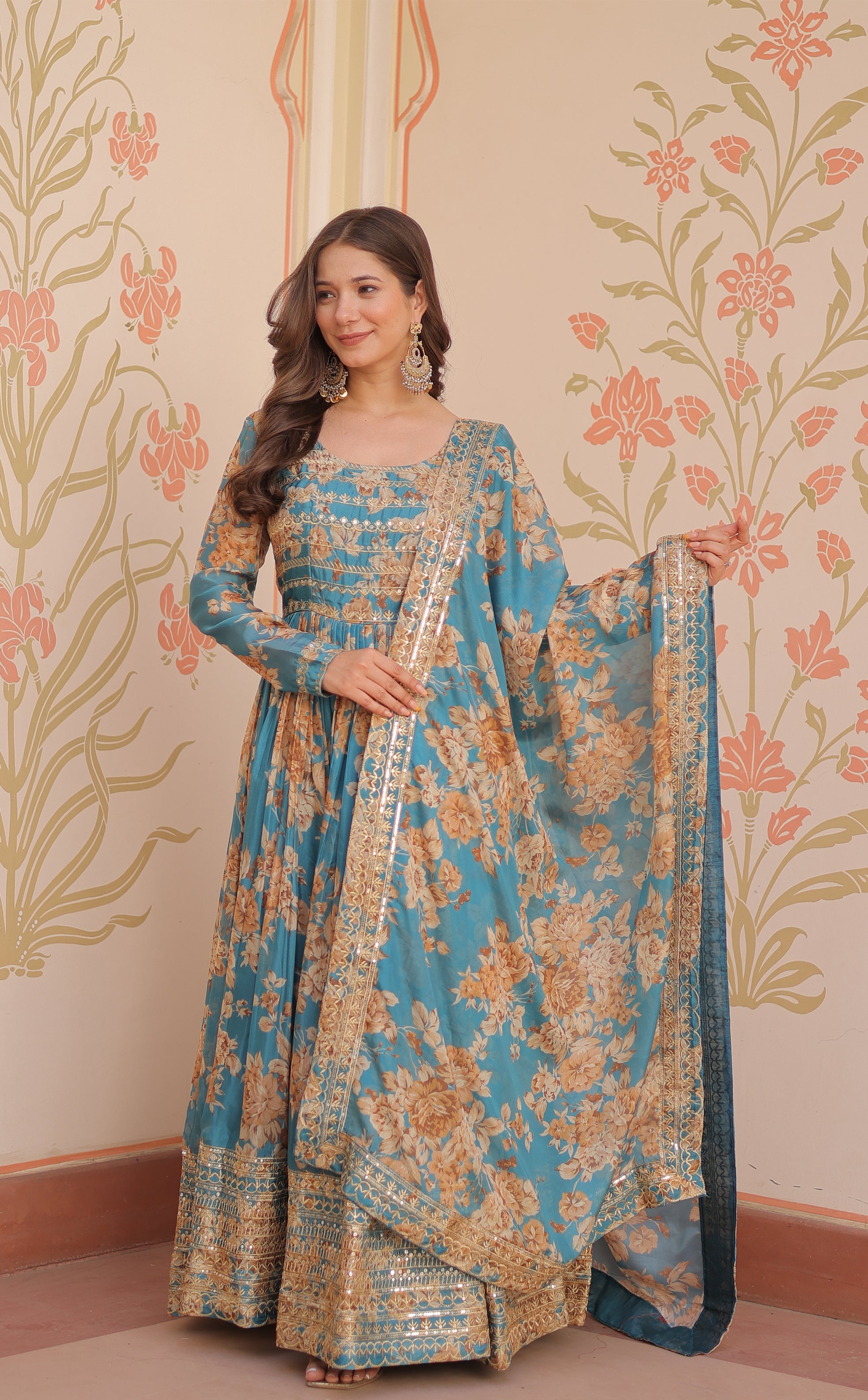 Russian Silk Rama Gown with Digital Print & Sequins Embroidery + Matching Dupatta | Round Neck | Full Stitched