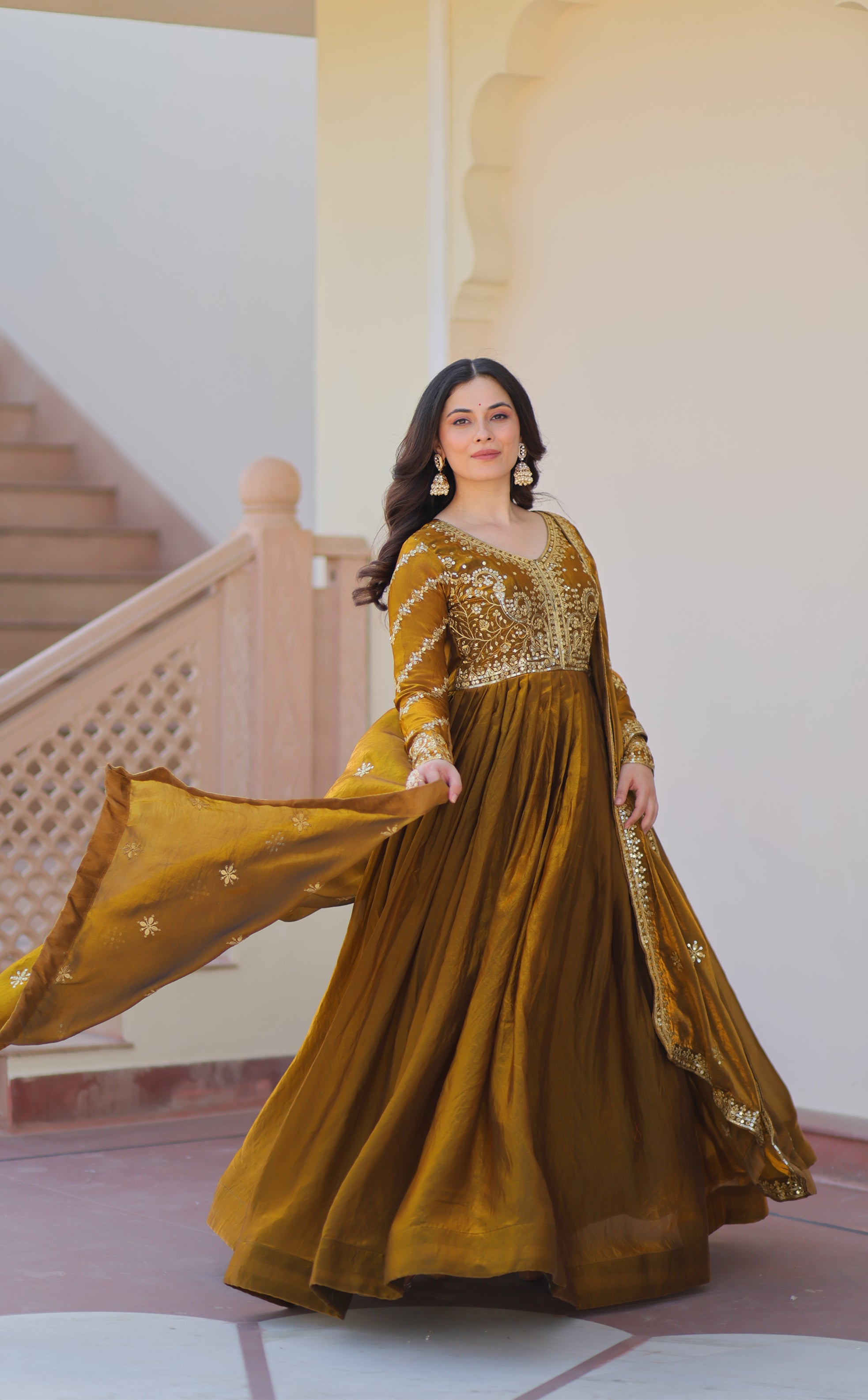 Fendy Fabric Mahendi Gown with Zari & Sequins Embroidery + Dupatta | Fancy V Neck | Full Stitched