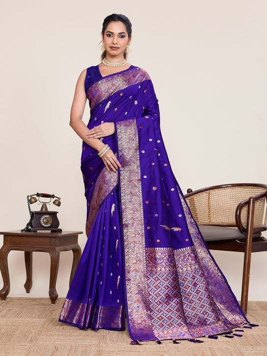 Elegant Purple Pure Jacquard Designer Zari Work Saree Featuring With Traditional Woven Border  With Unstiched Blouse Piece