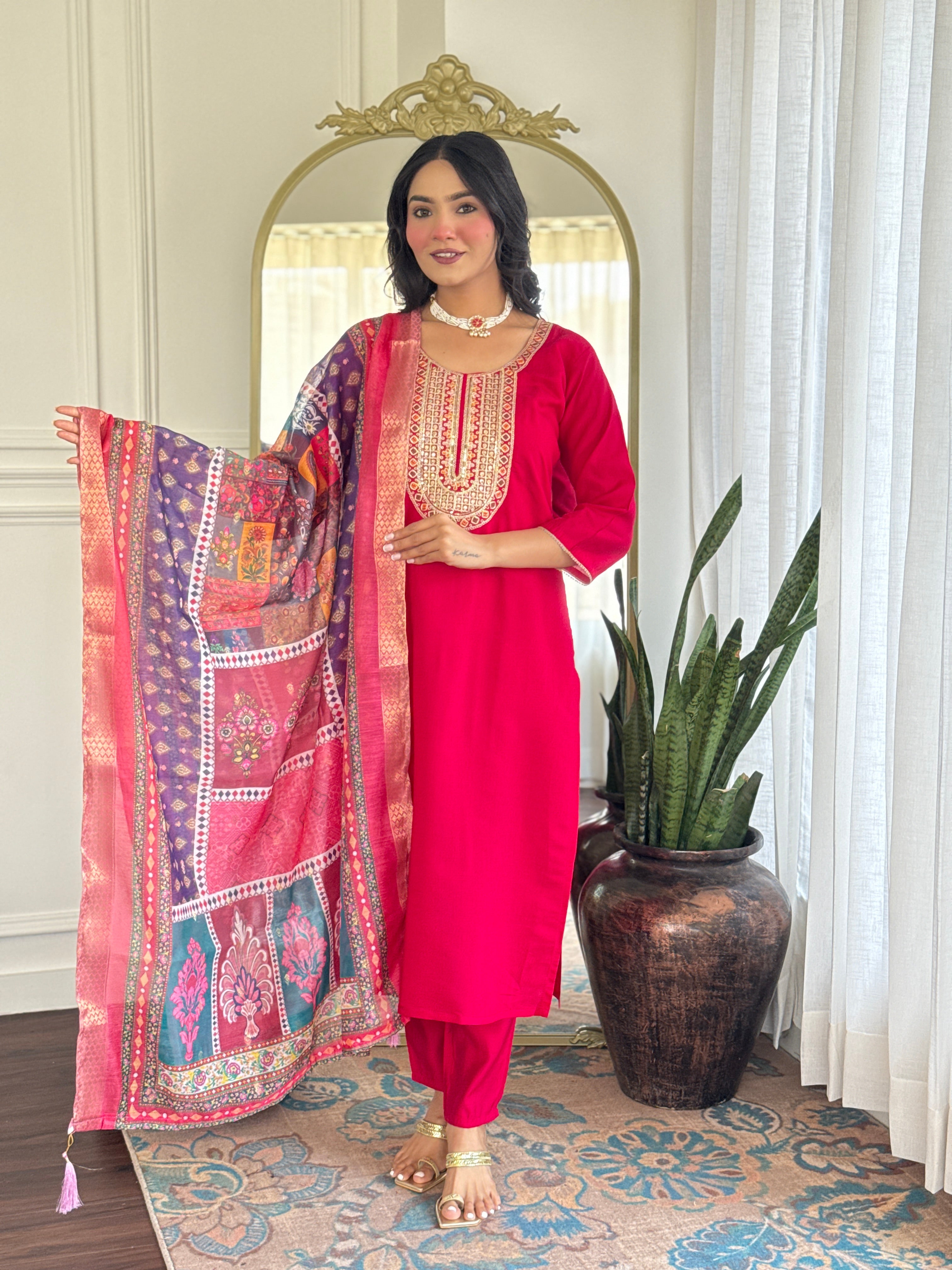 Women’s Rani Pink Festive Pure Viscose Chanderi Silk Set with Glamorous Sequin Embroidery
