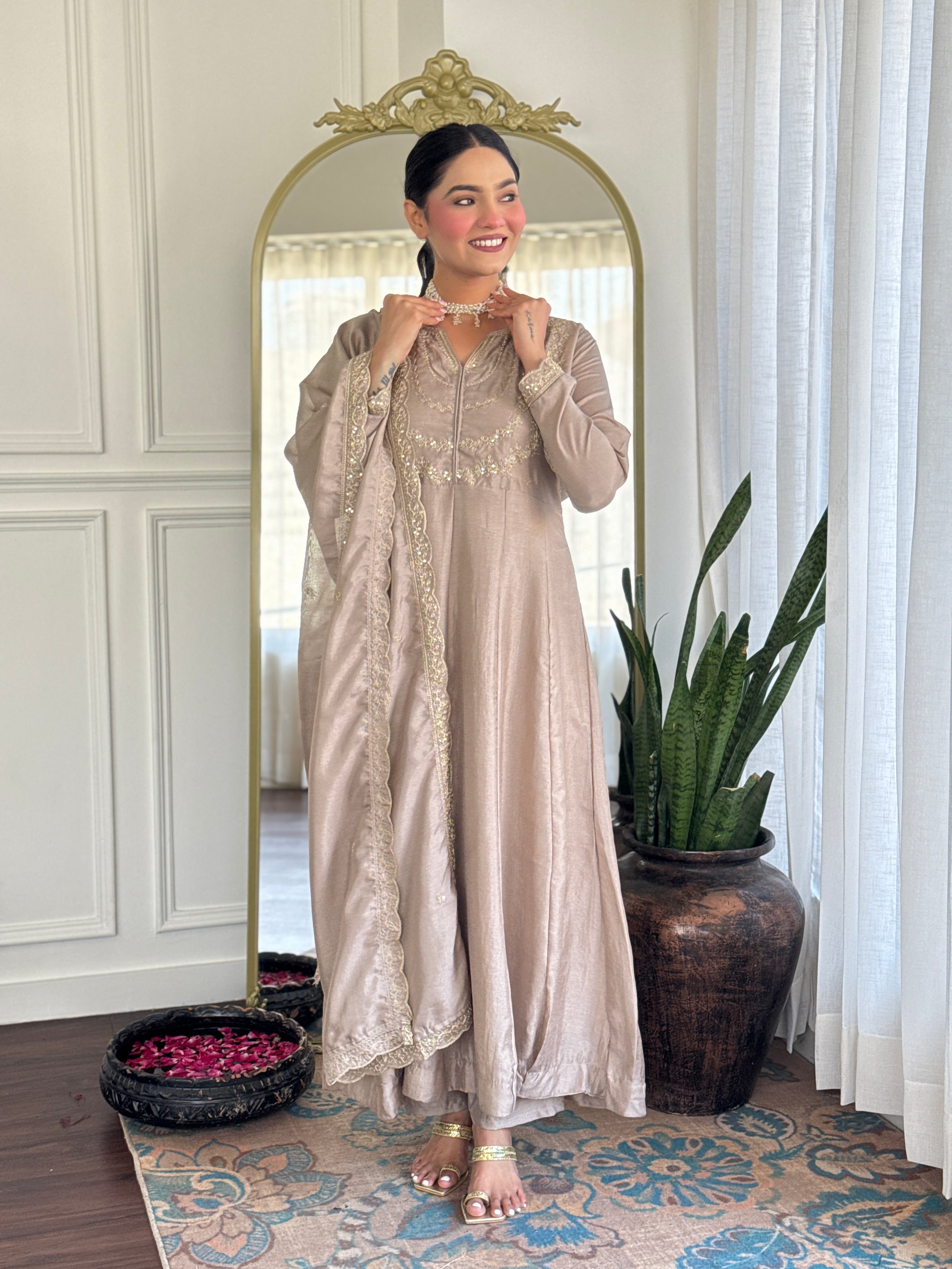 Women’s Cream Vichitra Silk Kurta Set with Sequin & Coding Embroidery Work