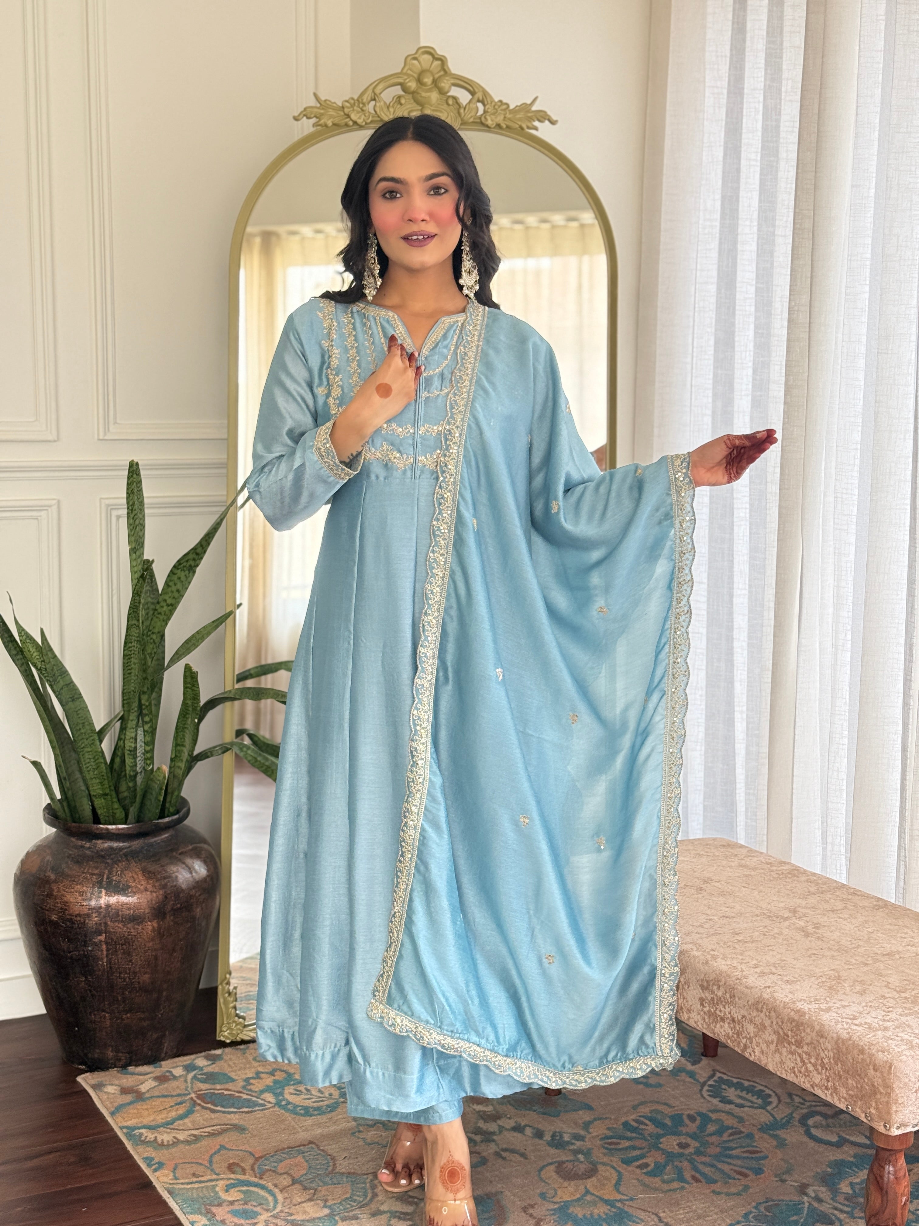 Women’s Sky Blue Vichitra Silk Kurta Set with Sequin & Coding Embroidery Work