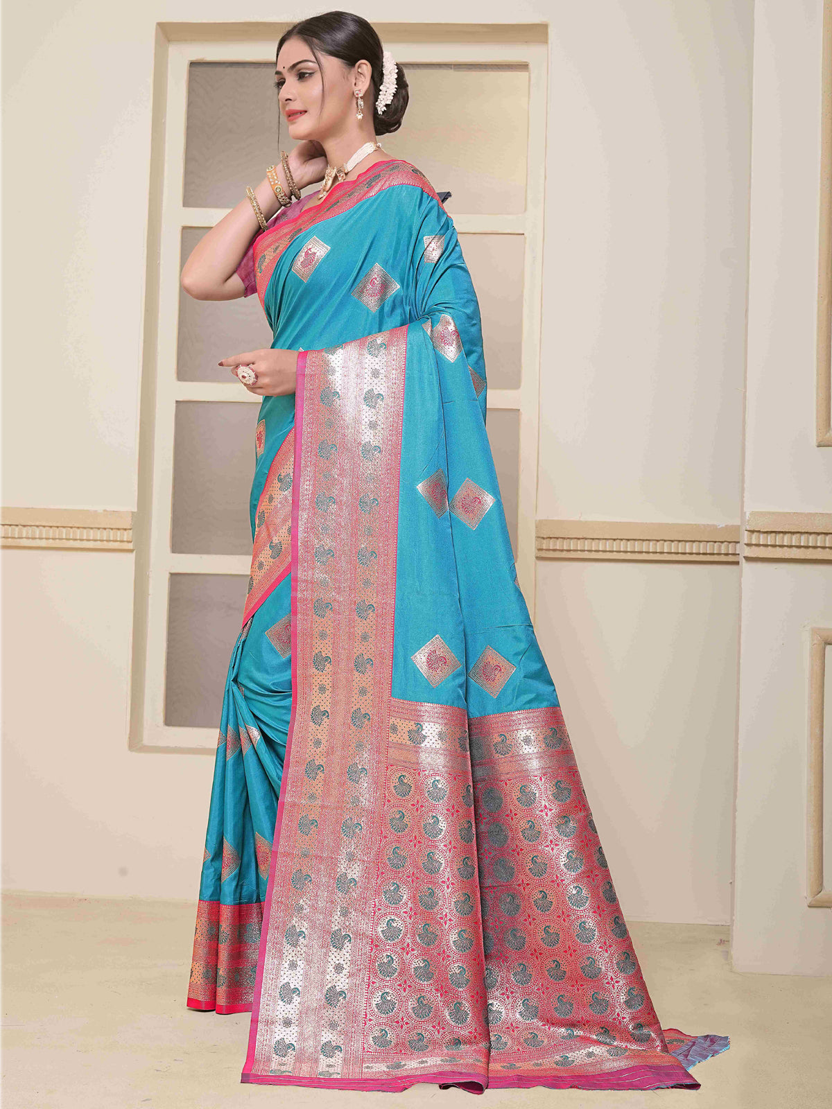 Teal Art Silk Saree for Women – Elegant Ethnic Wear