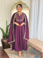 Women’s Purple Wine Vichitra Silk Kurta Set with Sequin & Coding Embroidery Work