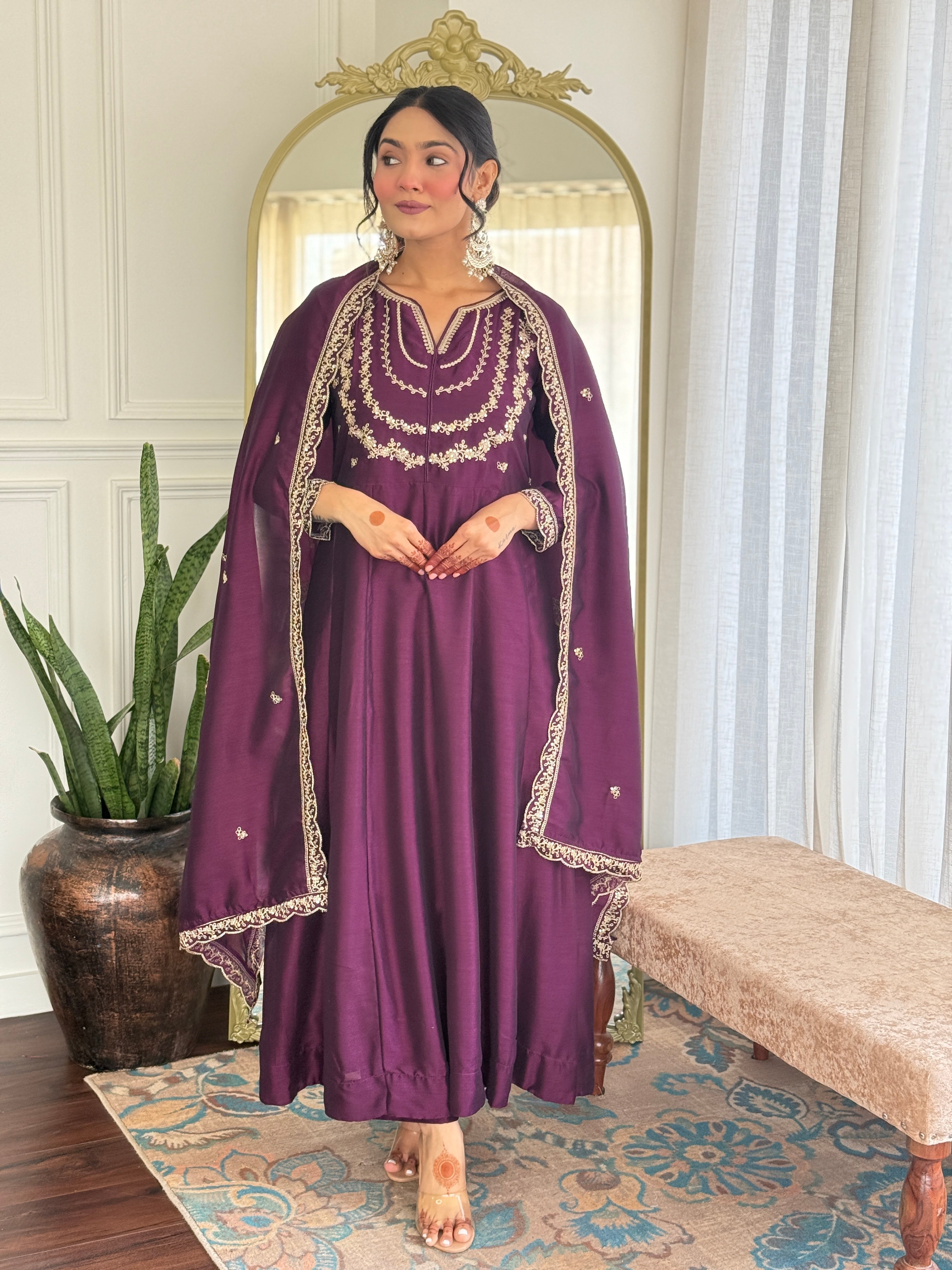 Women’s Purple Wine Vichitra Silk Kurta Set with Sequin & Coding Embroidery Work