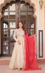 Cosmos Jacquard Red Gown with Pearl Embroidery & Bandhani Dupatta | Full Stitched | Canvas Finish