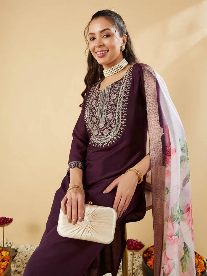 Women’s Wine Ethnic Kurta Set in Pure Viscose Chanderi Silk with Sequin & Coding Work