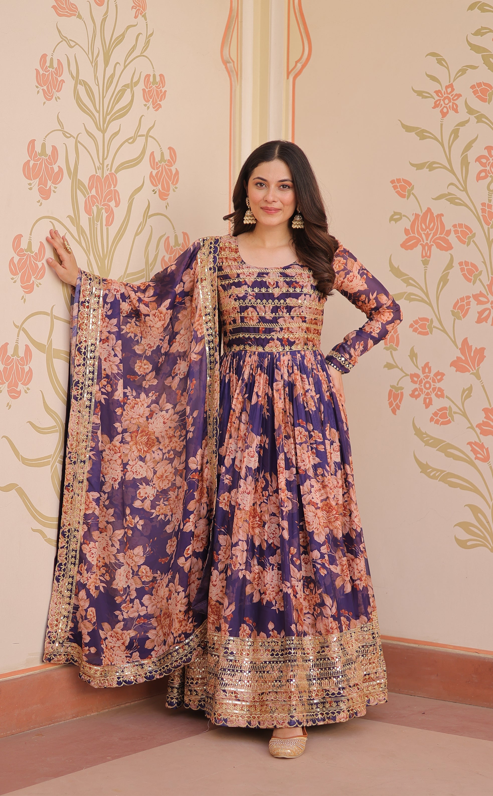 Russian Silk Gown with Digital Print & Sequins Embroidery + Matching Dupatta | Round Neck | Full Stitched