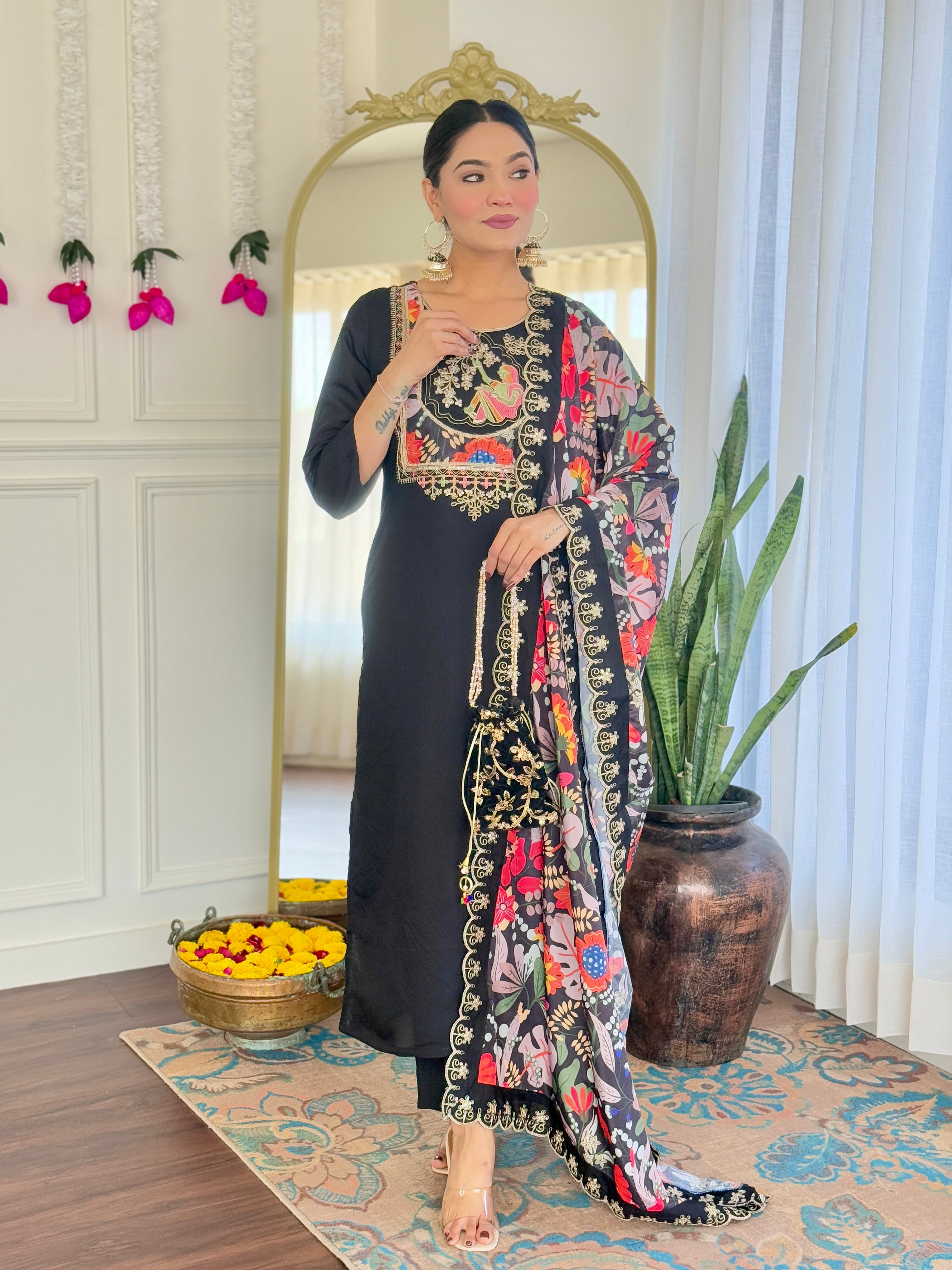 Women’s Black Pure Viscose Chanderi Kurta Set with Sequin & Coding Embroidery