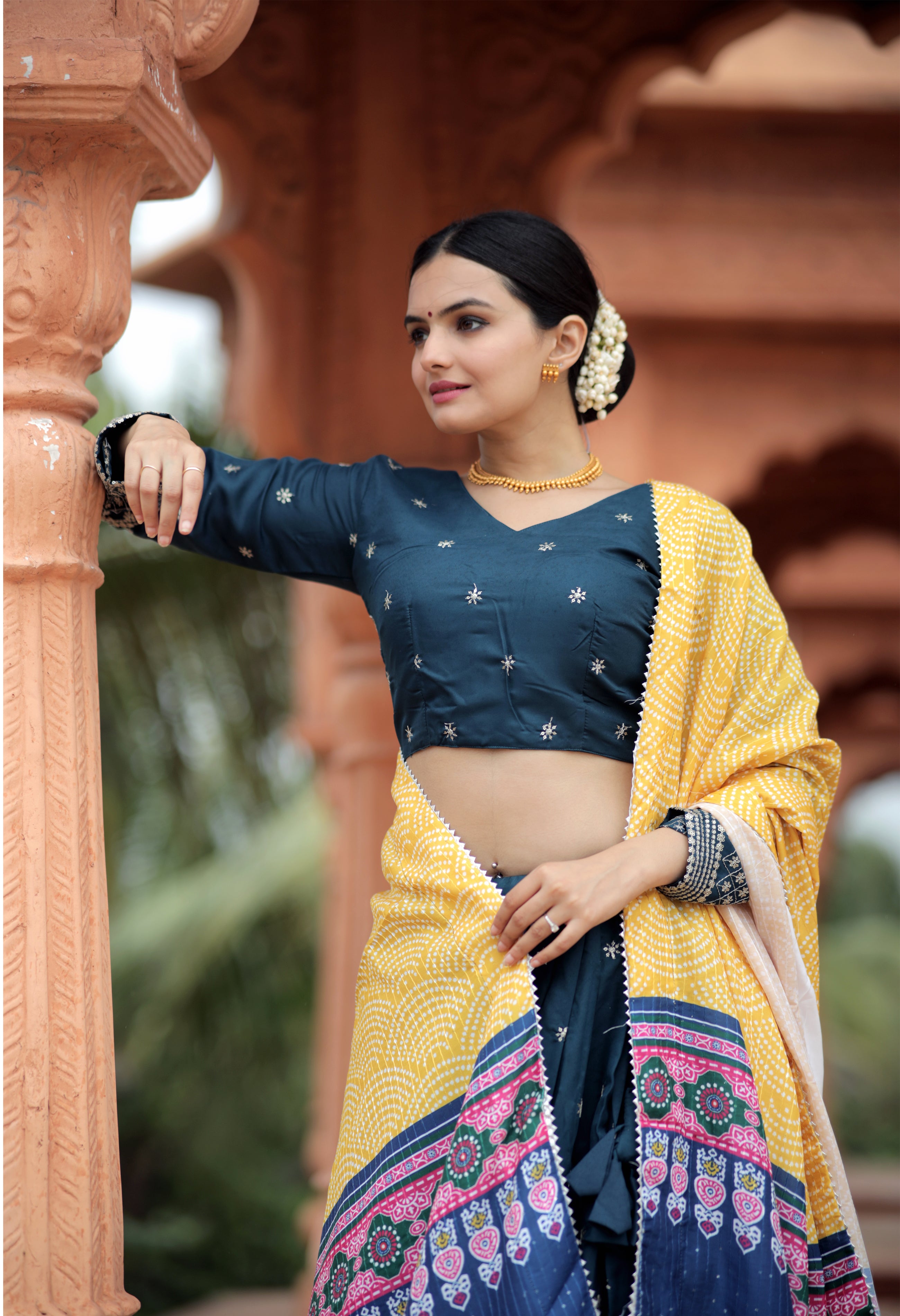 Mayra Silk Embroidered Blue Lehenga Choli Set with Digital Printed Maslin Dupatta | Full-Stitched Lehenga