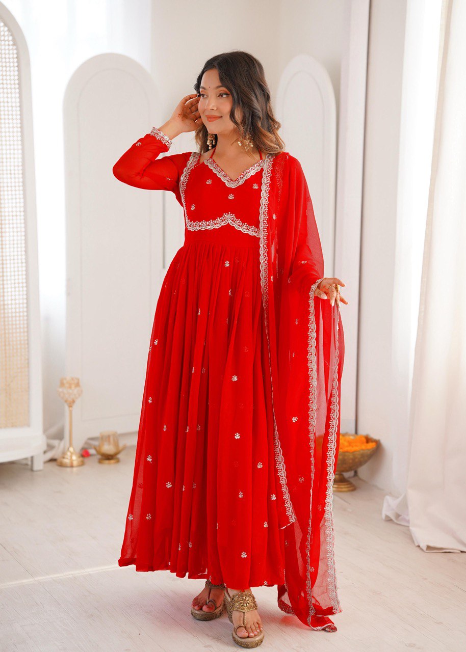 Red Thread Worked Georgette Gown Set With Dupatta & Pant