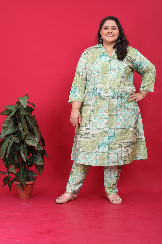 Women's Plus Size Rayon Green Printed Co-Ord Set With Pant