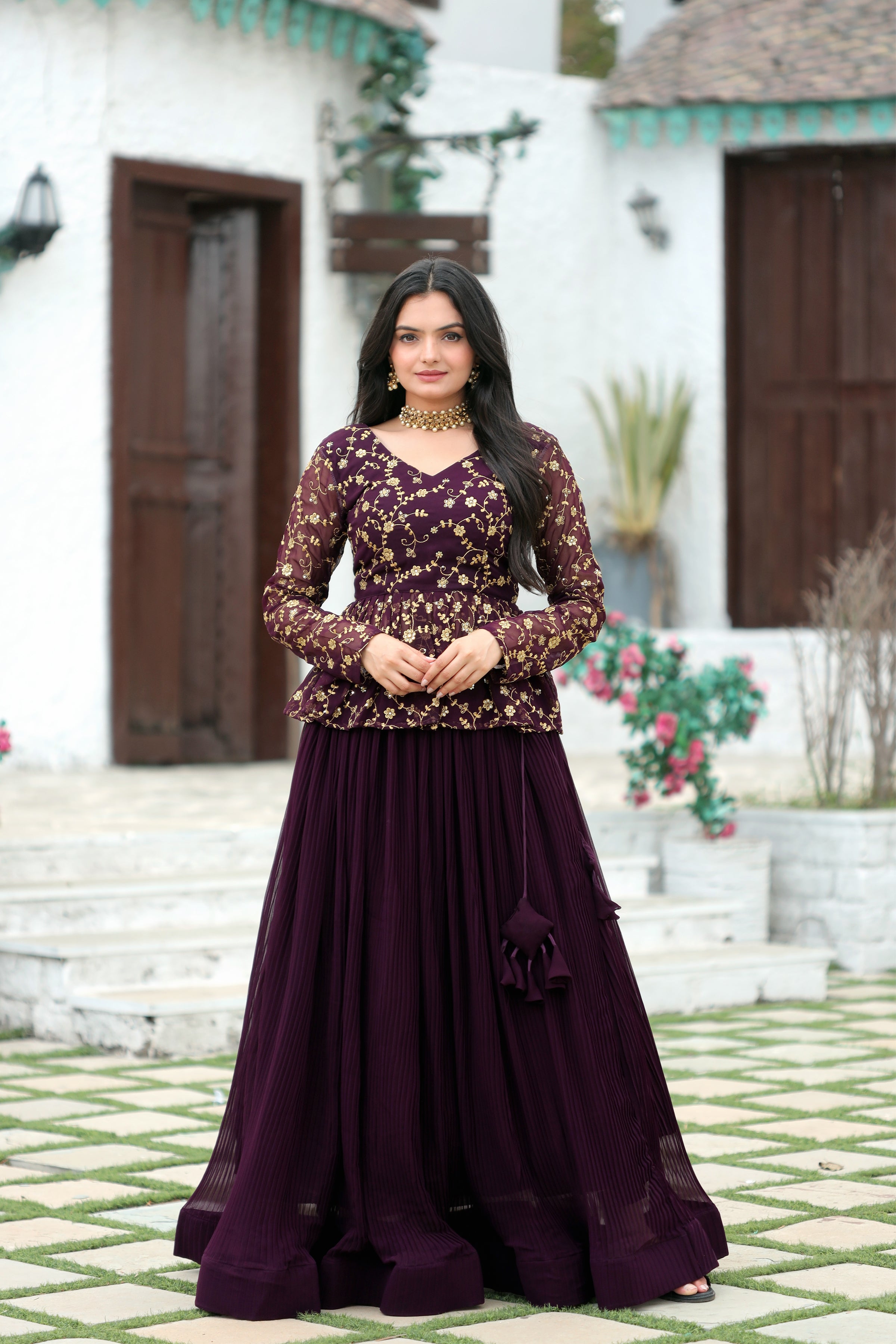 Elegant Faux Blooming Pleated Lehenga with Embroidered Peplum Blouse – Full Stitched Set (Adjustable Size 38"–44") | 5 Mtr Flair