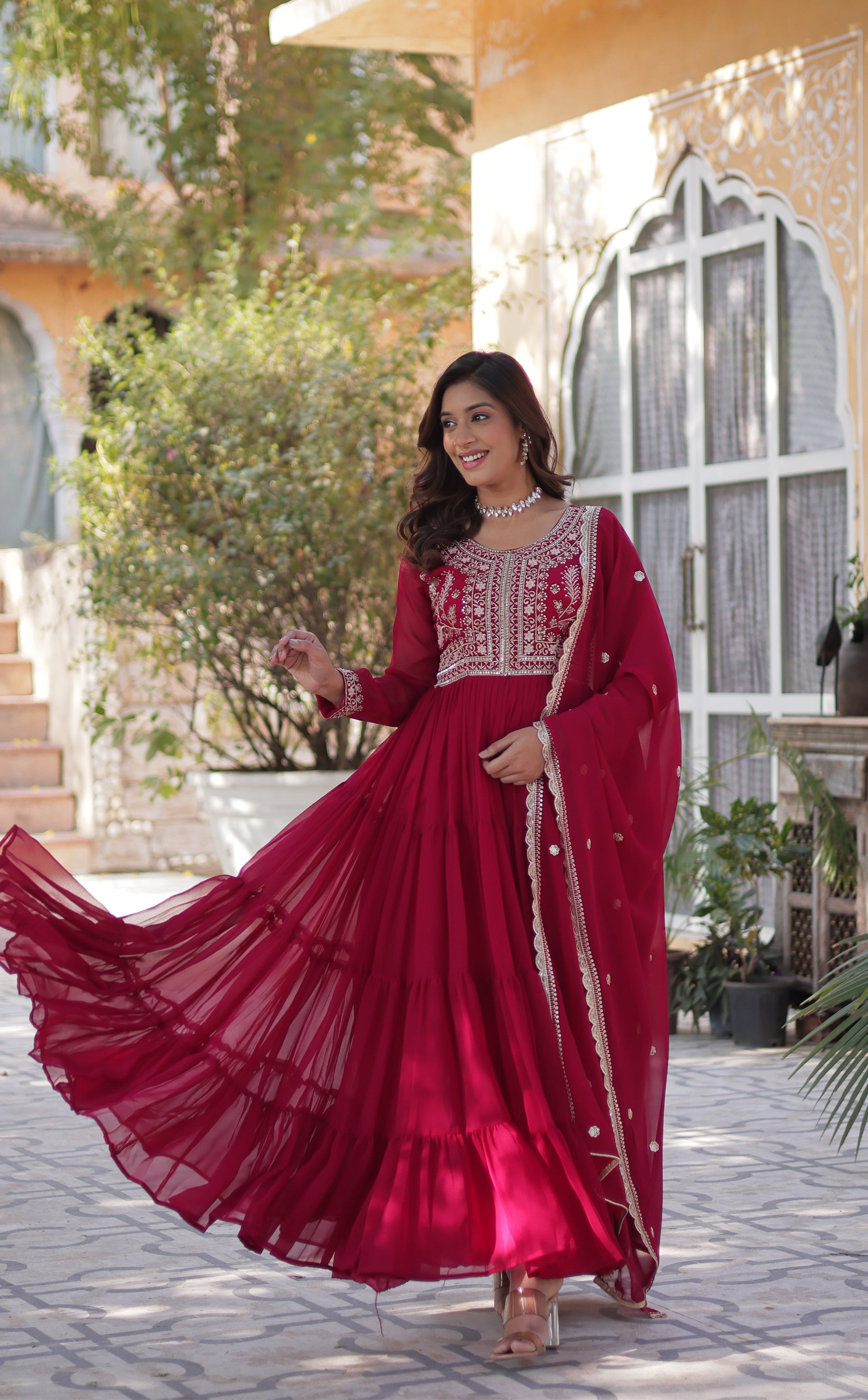 Elegant Faux Georgette Embroidered Gown with Dupatta – Full Flair, Pearl Work