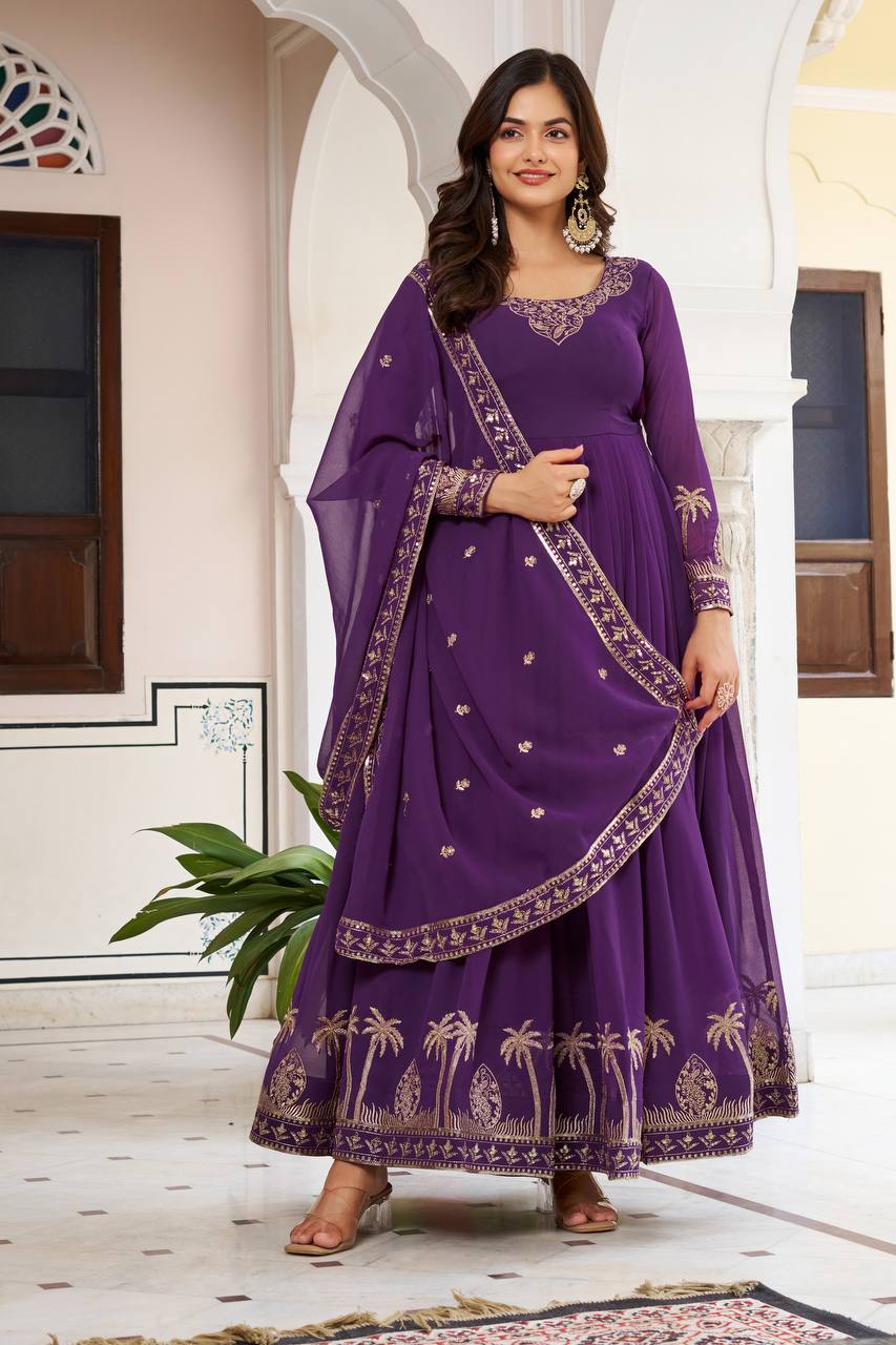 Purple Georgette Anarkali Embroidered Gown Set With Dupatta & Pant