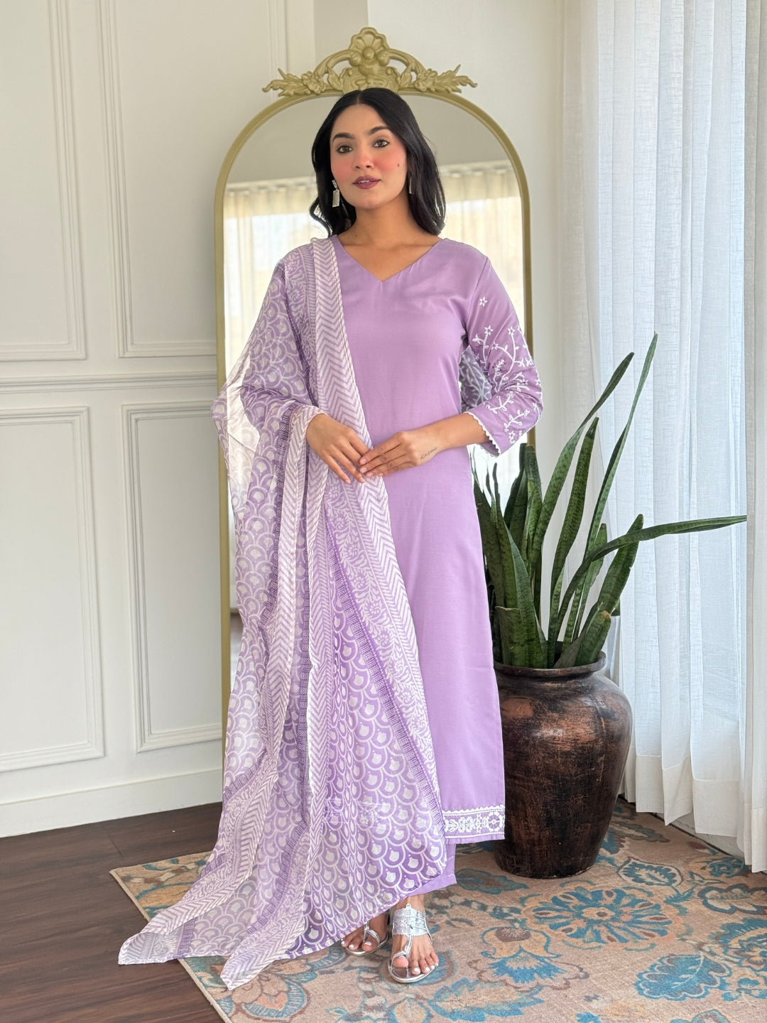 Lavender Embroidered Rayon Kurti Set with Taby Dupatta – Sizes S to 2XL