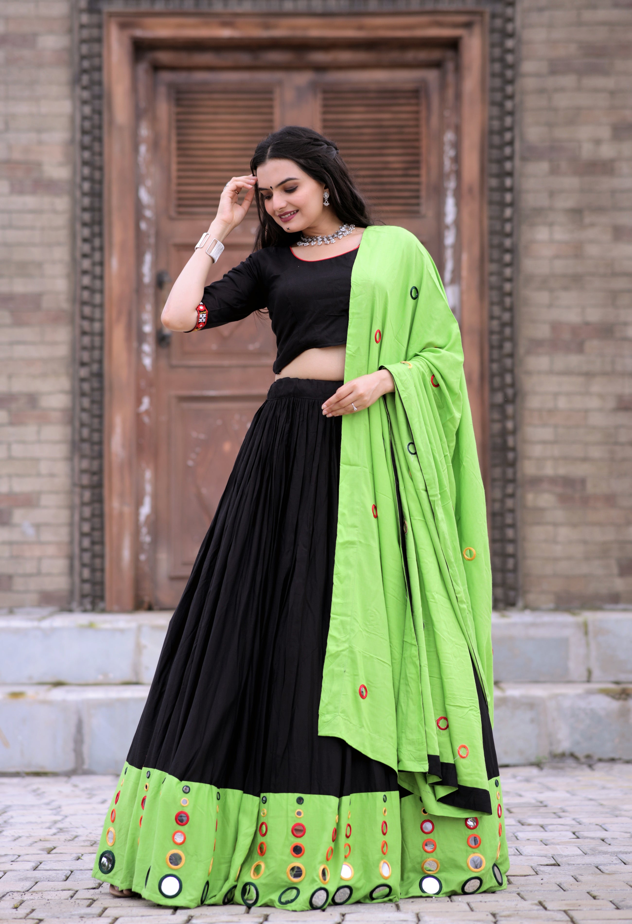 Black Reyon Mirror Work Lehenga Choli Set | Full-Stitched Lehenga & Blouse with Dupatta