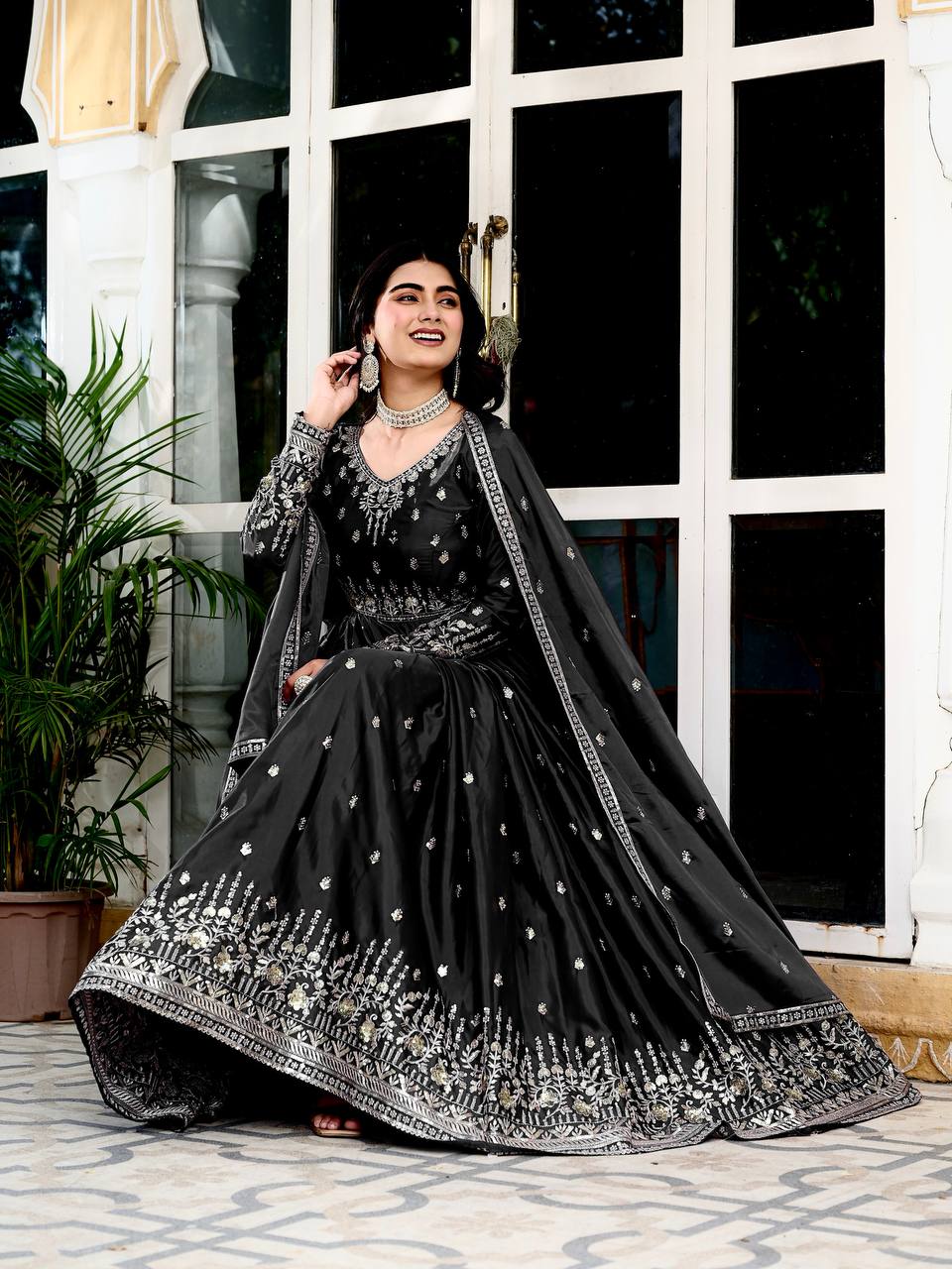 Black American Silk Embroidered Anarkali Gown Set With Dupatta & Pant