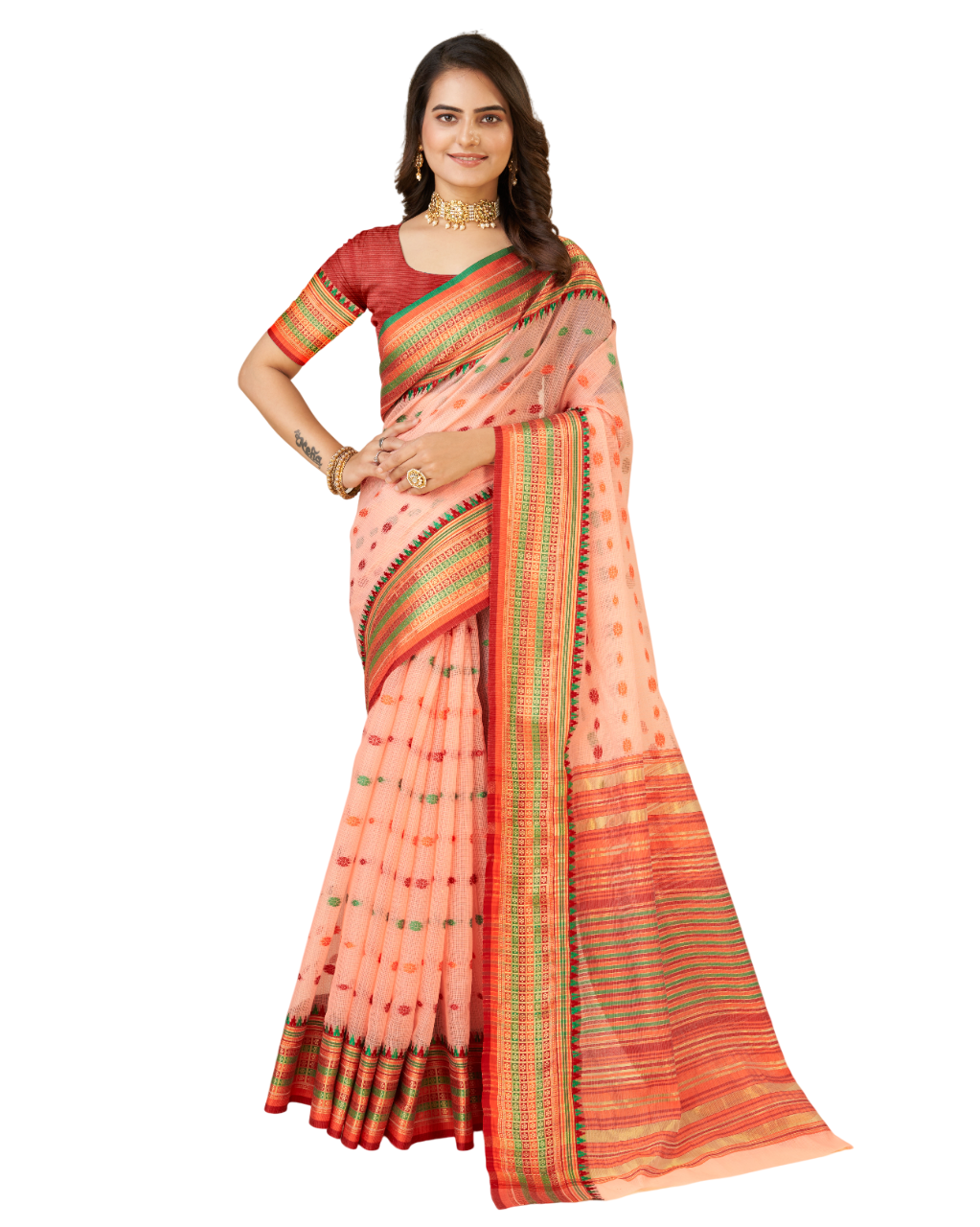 Soft Silk Peach Saree with Contrast Zari Border, Rich Pallu & Matching Blouse