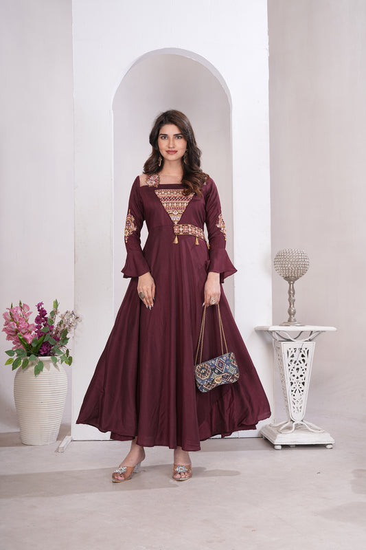 Women Stylish Maroon Embroidered Muslin Gown