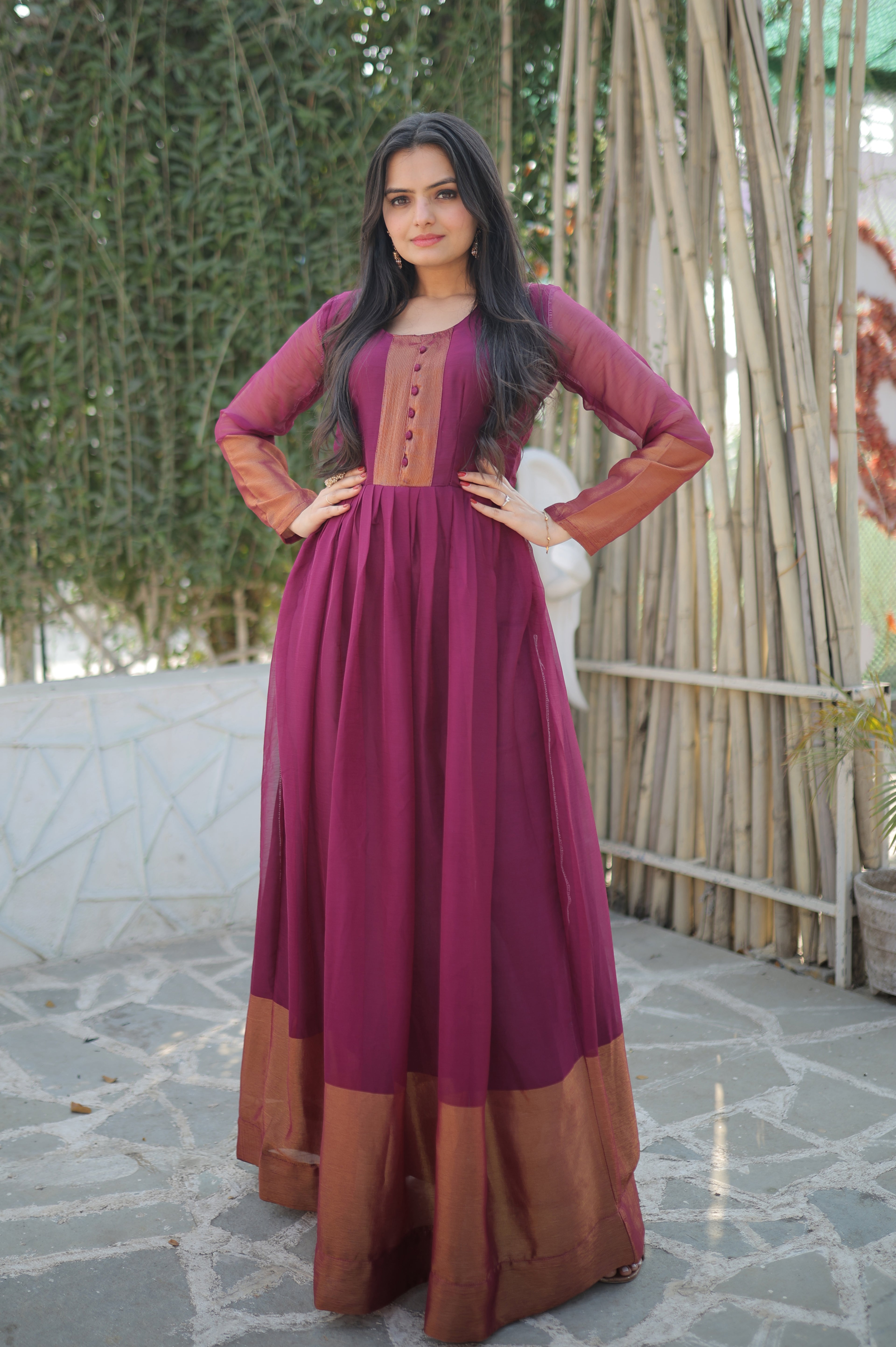 Elegant Chiffon Wine Gown with Golden Zari Patta – Full Sleeves | 4 Colors | Sizes S to XXL