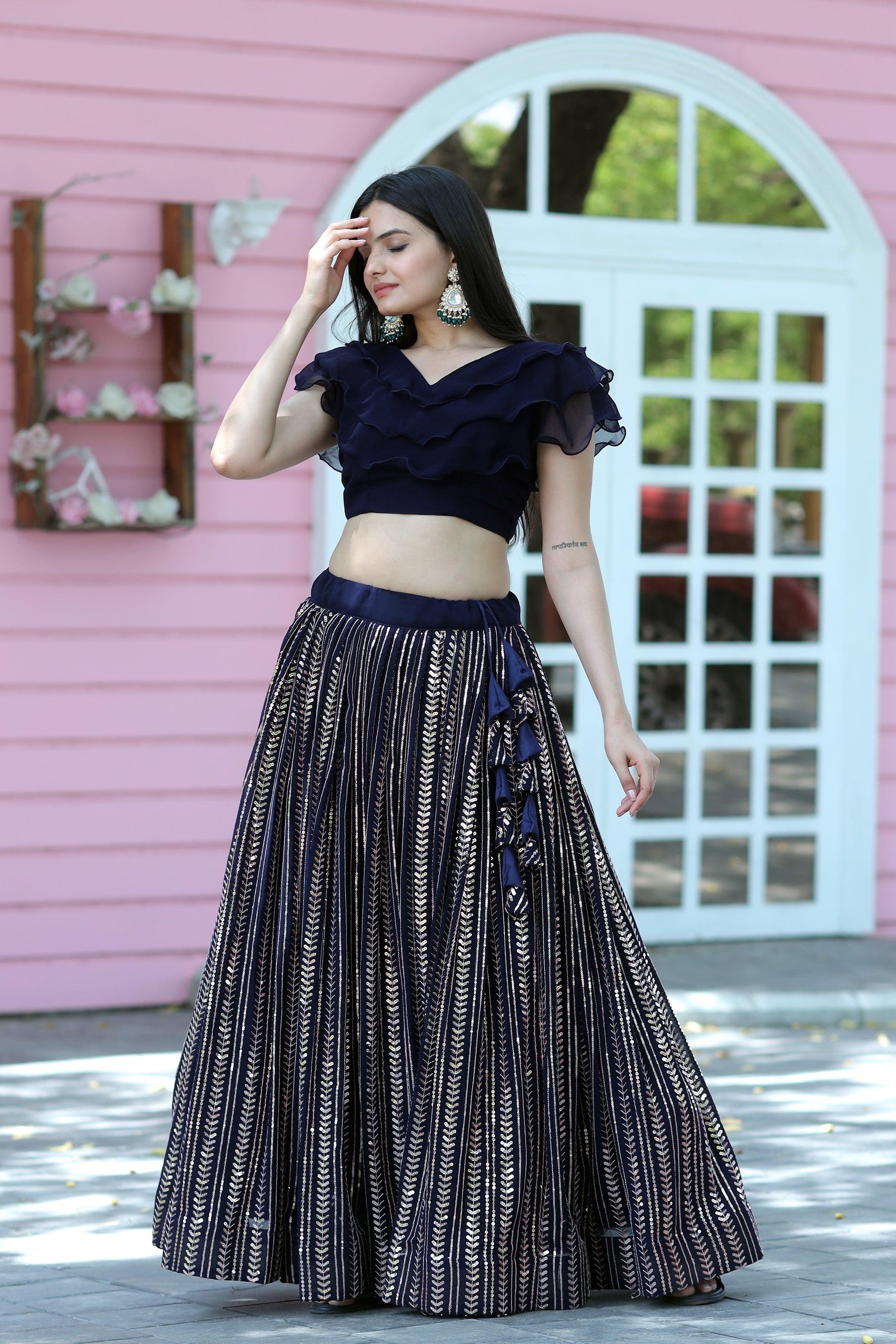 Designer Faux Blooming Black Lehenga Choli with Sequins Work – Full Stitched | Frill Blouse | Size 40-44