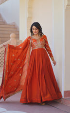 Fendy Fabric Orange Gown with Zari & Sequins Embroidery + Dupatta | Fancy V Neck | Full Stitched