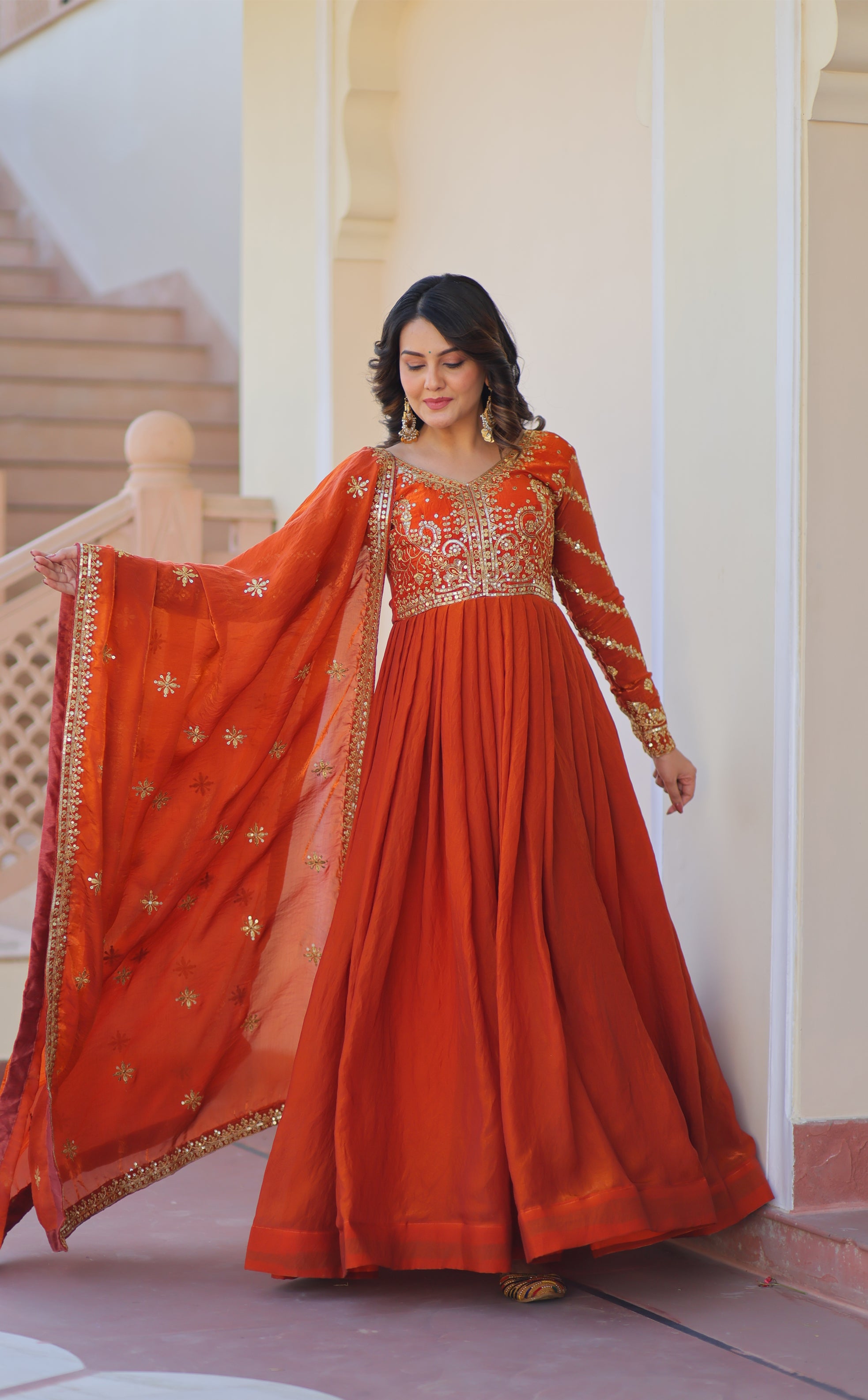 Fendy Fabric Orange Gown with Zari & Sequins Embroidery + Dupatta | Fancy V Neck | Full Stitched