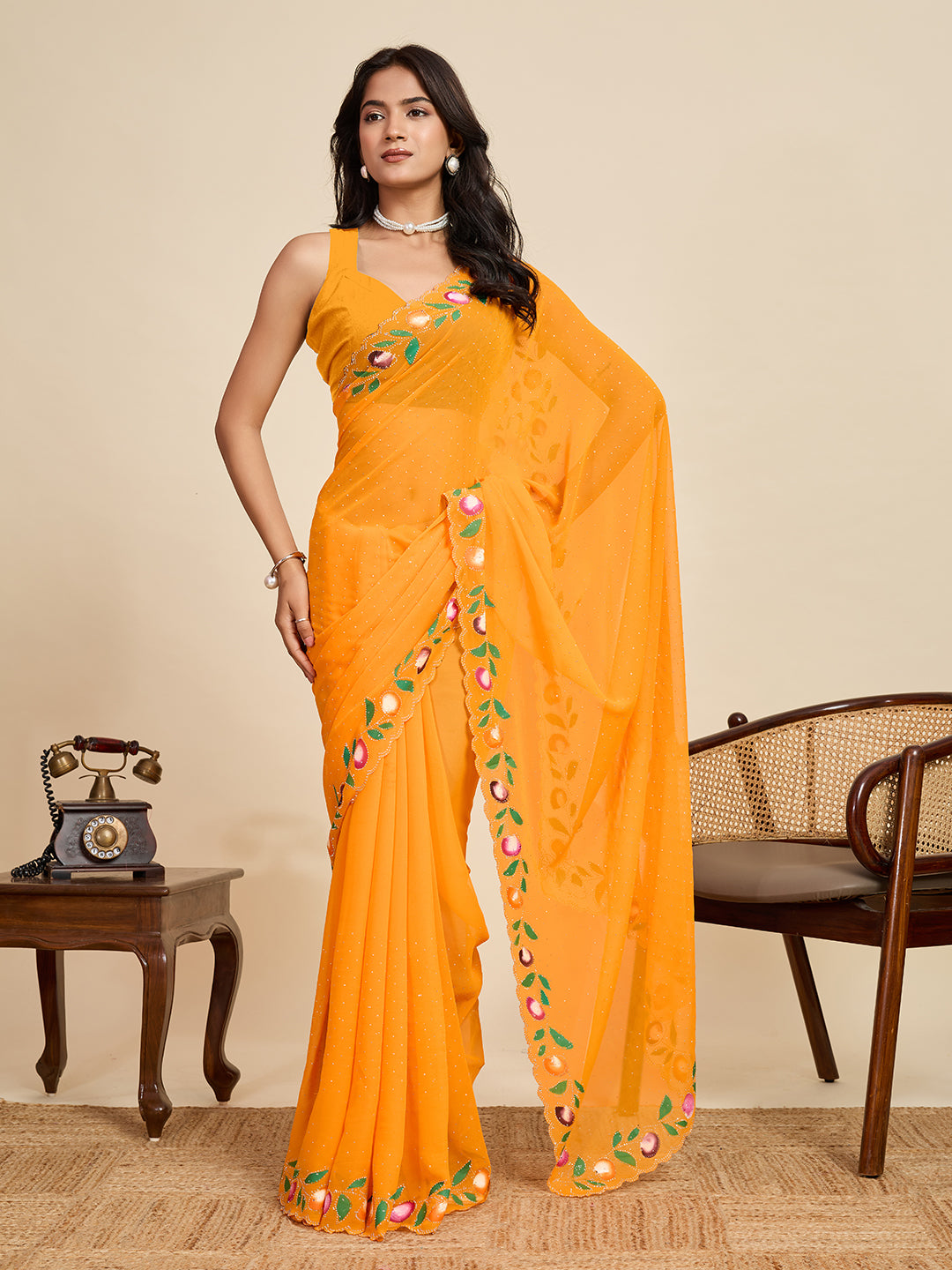 Mustard Georgette Soft Saree with Floral Brush Print & Intricate Border – Elegant Pastel Saree for Festive & Daily Wear