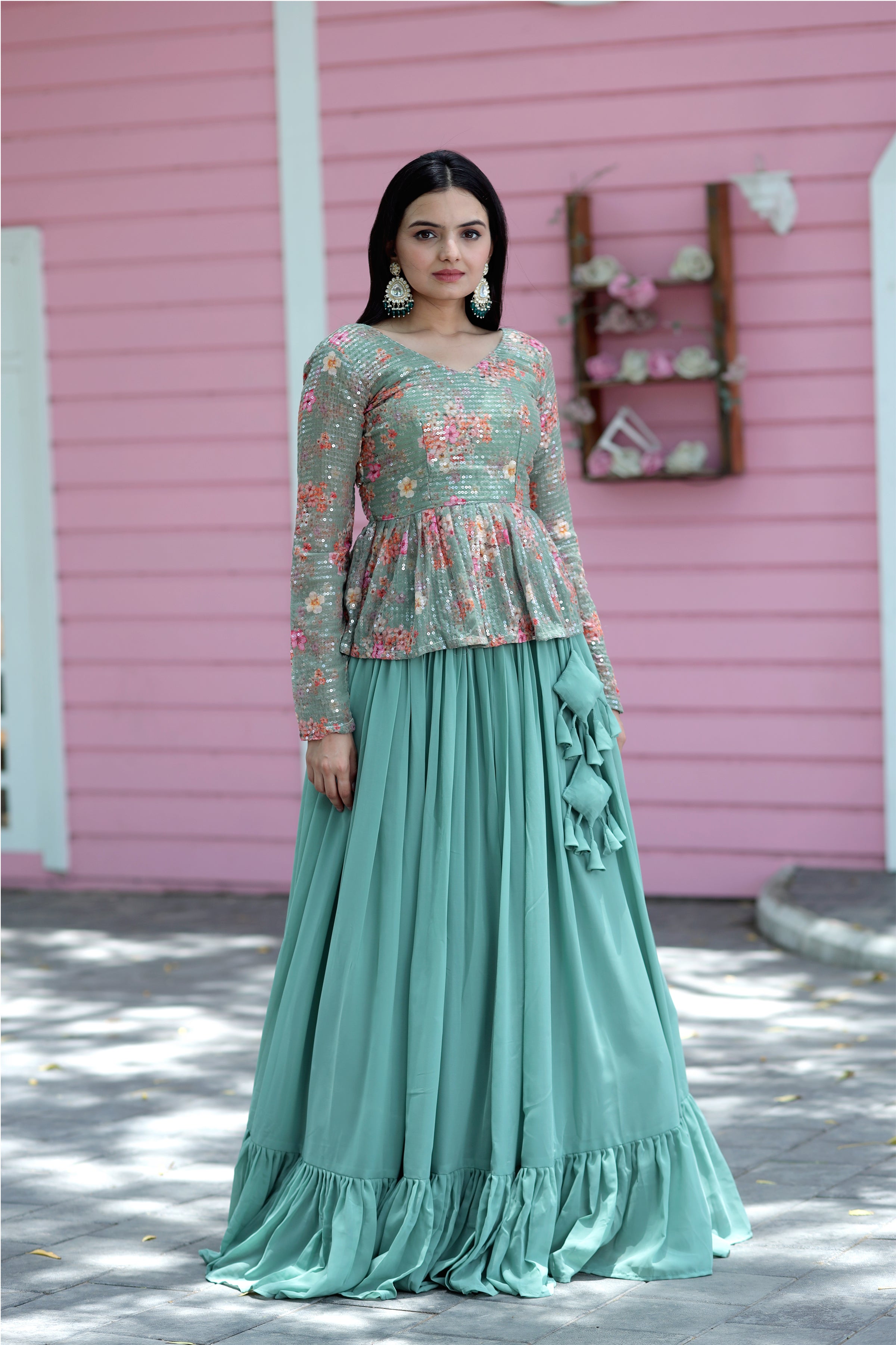 Stylish Faux Georgette Teal Lehenga with Floral Embroidered Peplum Blouse – Full Stitched Set (Adjustable Size 38"–44") | 5.5 Mtr Flair