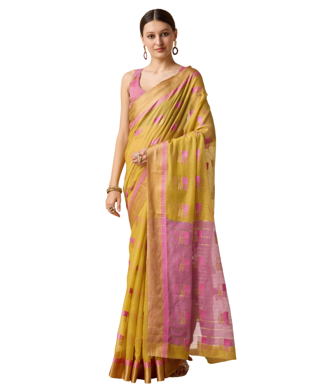 Banarasi Elegance in Breathable Semi Cotton Yellow Saree –For All Wedding Celebrations