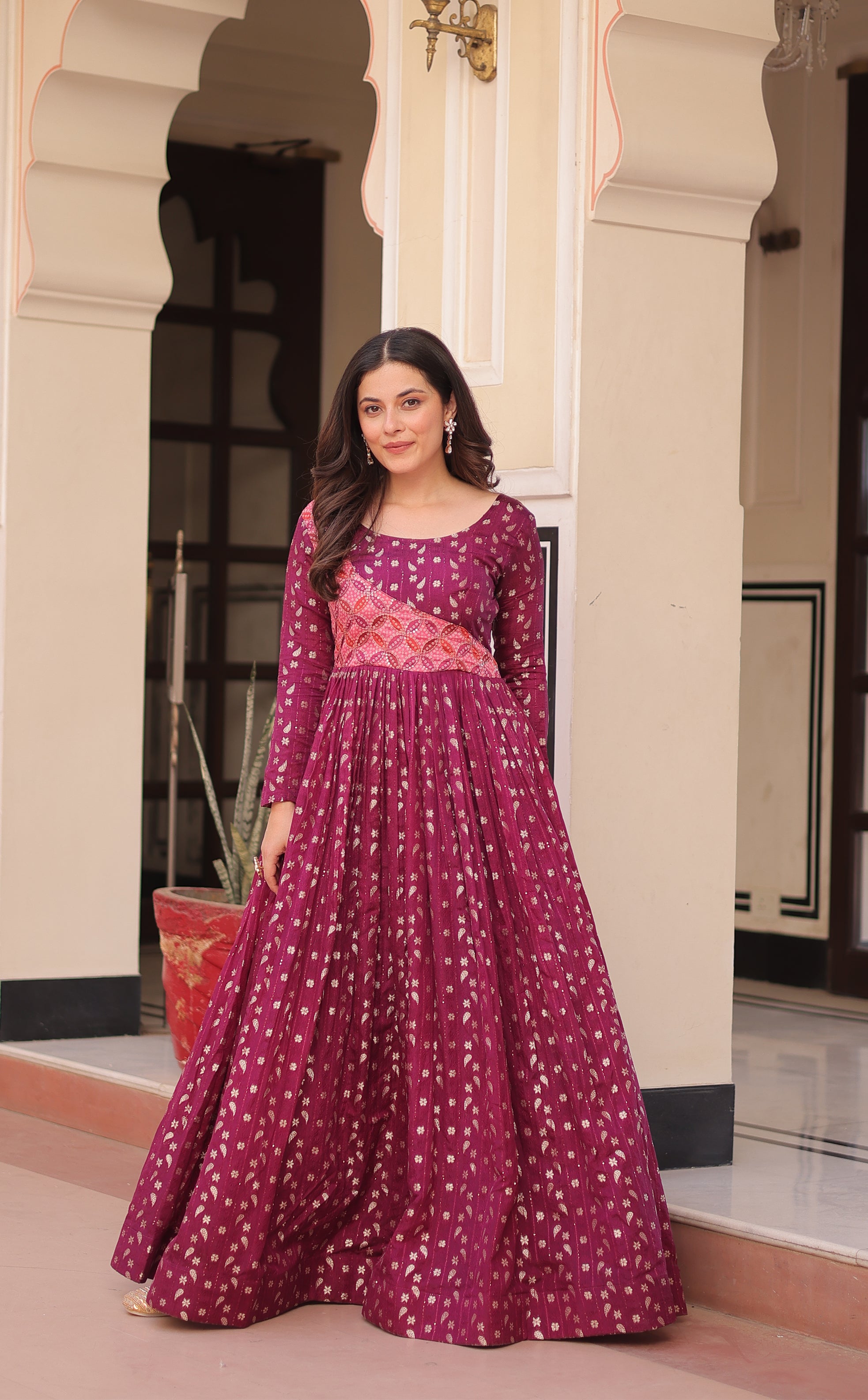 Staple Jacquard Weaving Wine Gown with Position Print Choli | Round Neck | Full Stitched