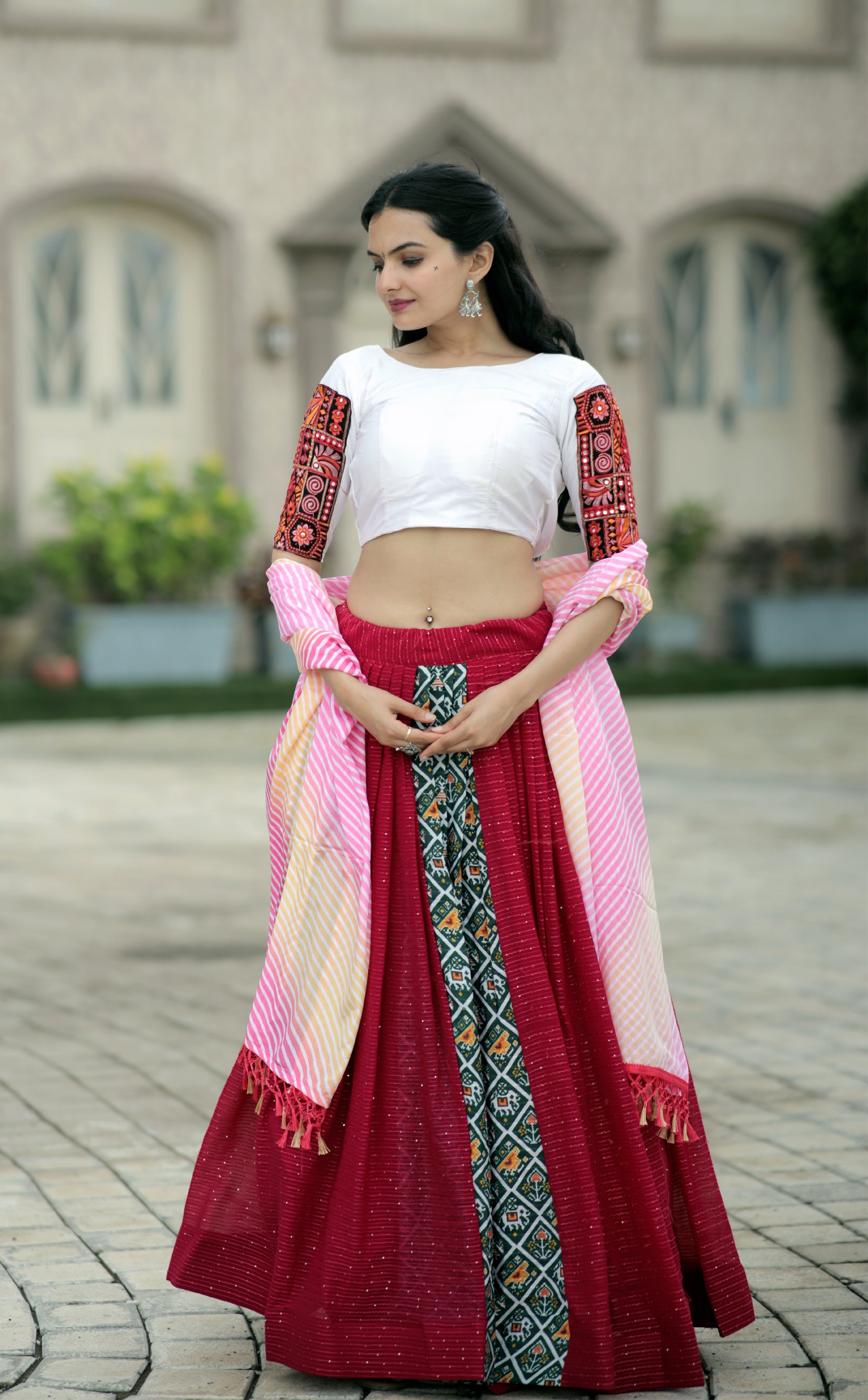 Premium Frolic Cotton White&Red Lehenga Choli Set with Embroidered Georgette Blouse & Bandhej Chinnon Dupatta | Full-Stitched | Size 38-44