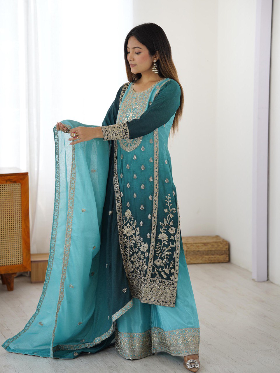 Elegant Aqua Blue Embroidered Kurta set with Intricate Zari Work And Matching Dupatta