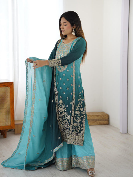 Elegant Aqua Blue Embroidered Kurta set with Intricate Zari Work And Matching Dupatta