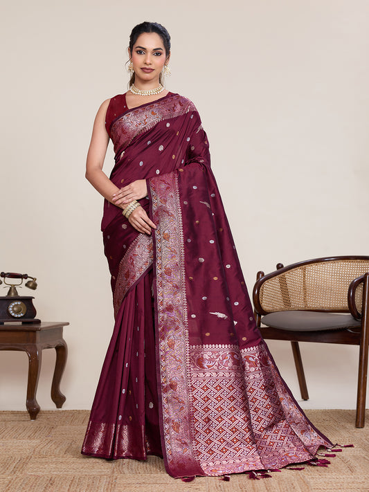 Elegant Maroon Pure Jacquard Designer Zari Work Saree Featuring With Traditional Woven Border  With Unstiched Blouse Piece