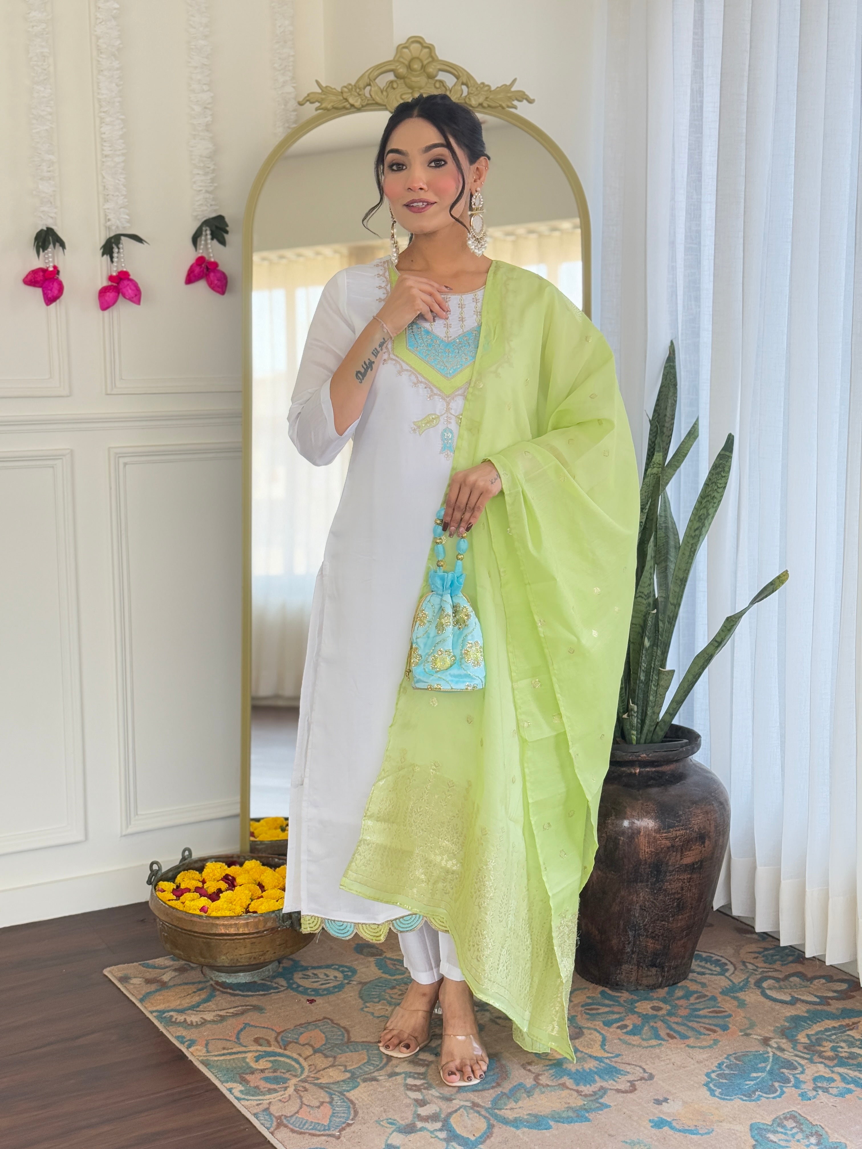 Women’s White Pure Viscose Chanderi Kurta Set with Sequin & Coding Embroidery