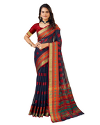 Banarasi Elegance in Breathable Semi Cotton Navy Blue Saree –For All Wedding Celebrations